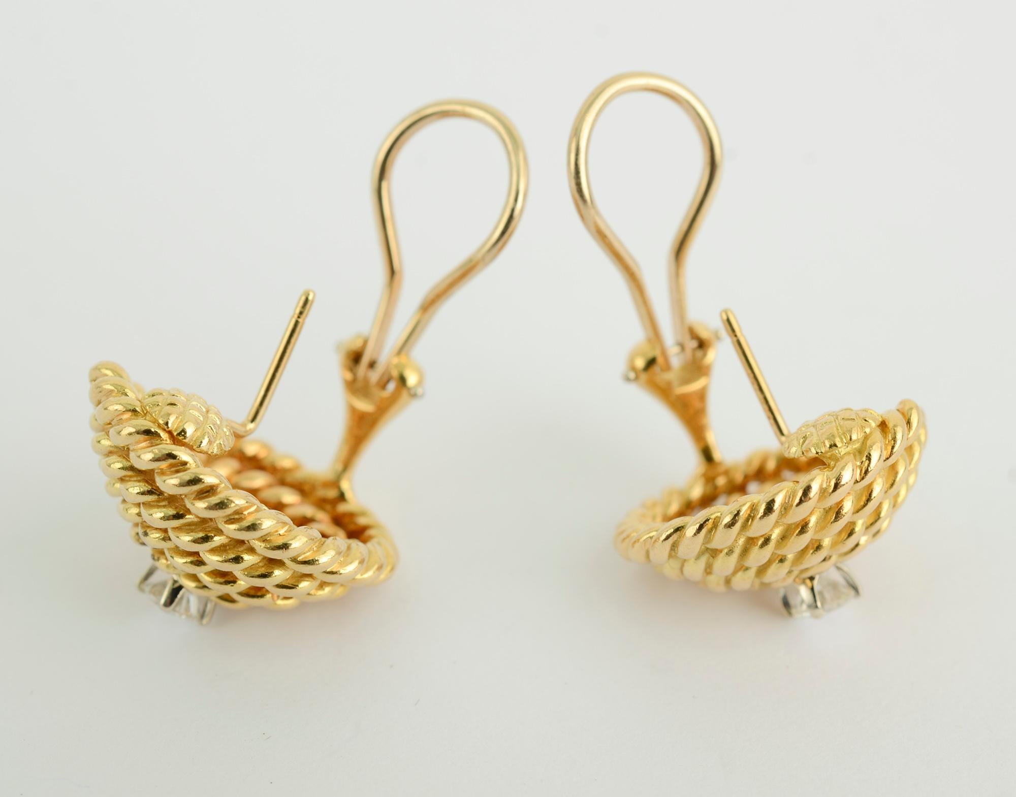 Modern Tiffany Gold Coil Earrings with Centre Diamond For Sale