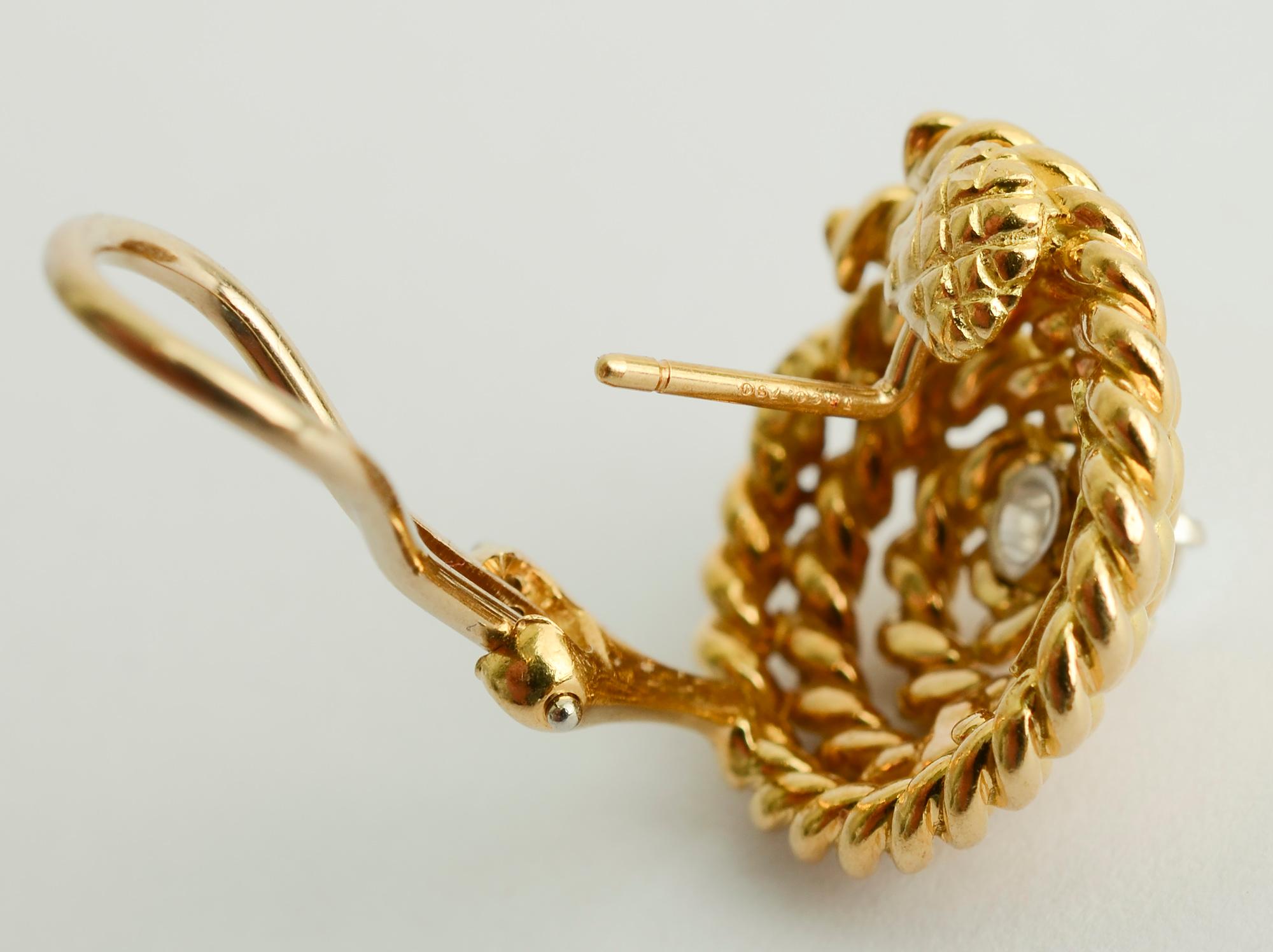 Brilliant Cut Tiffany Gold Coil Earrings with Centre Diamond For Sale