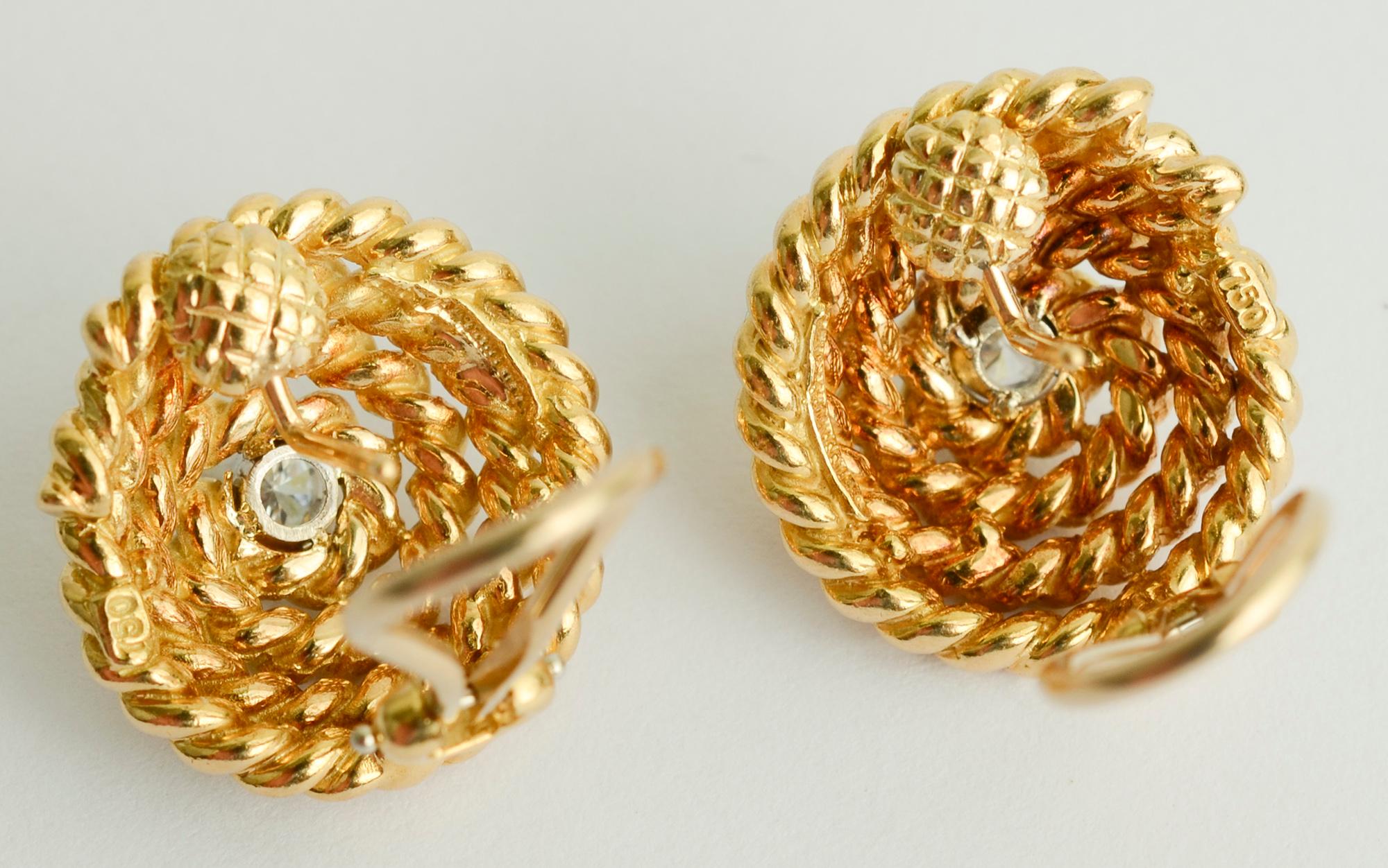 Women's or Men's Tiffany Gold Coil Earrings with Centre Diamond For Sale