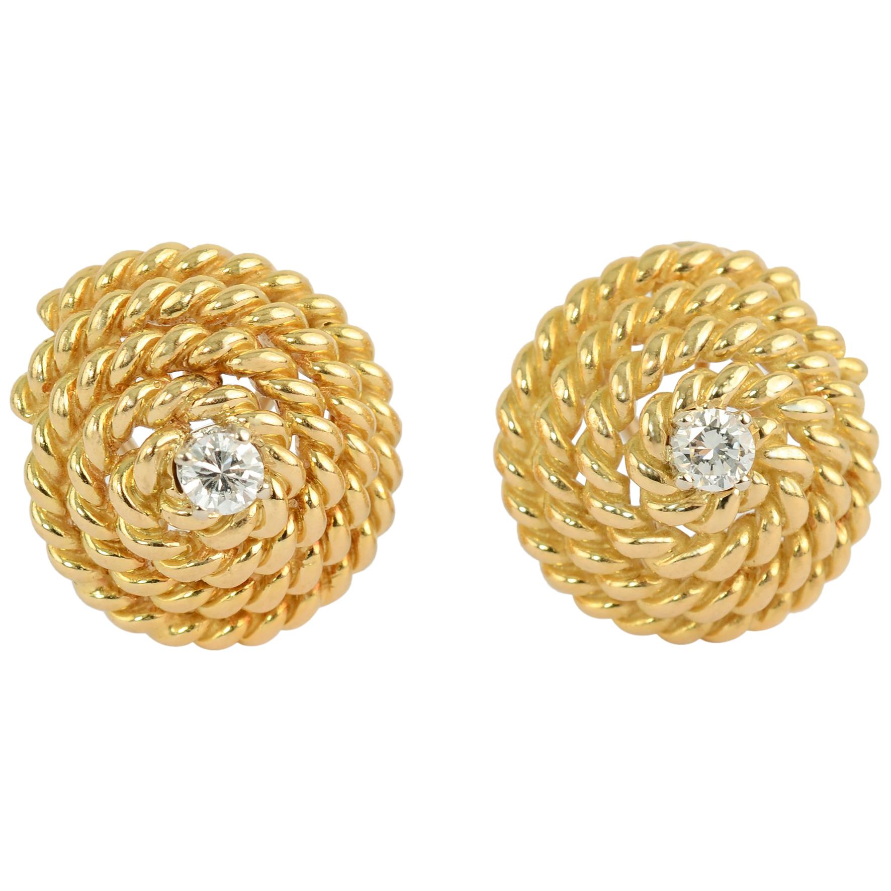 Tiffany Gold Coil Earrings with Centre Diamond For Sale
