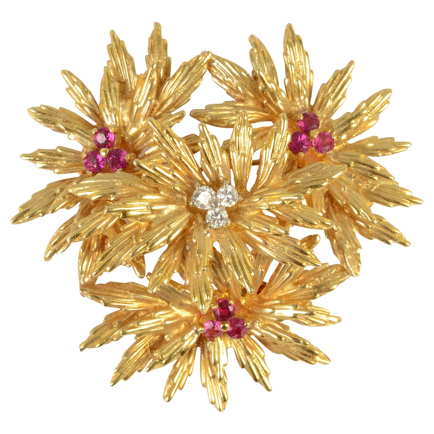 Tiffany Gold Floral Brooch with Rubies and Diamonds