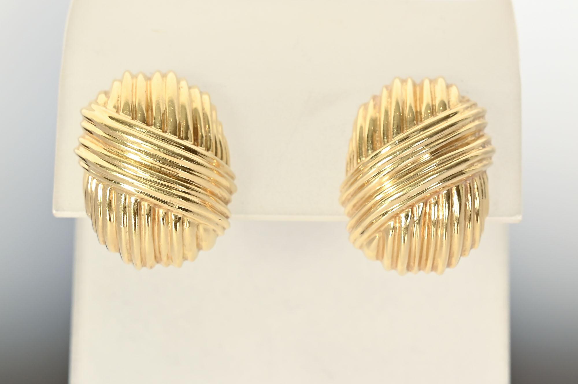 Modern Tiffany & Co. Gold Ribbed Oval Earrings For Sale
