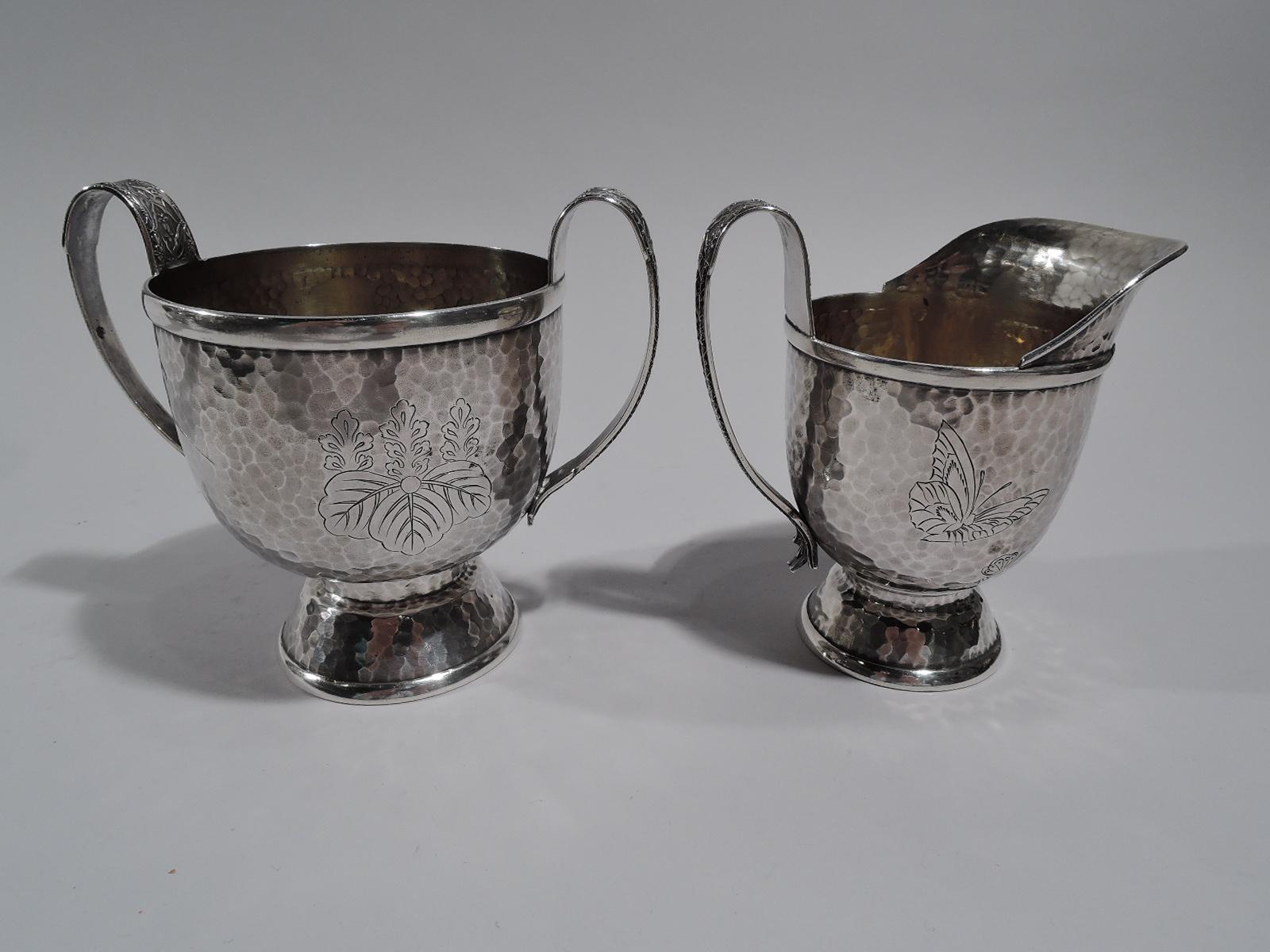 Aesthetic Movement Tiffany Hand Hammered Japonesque Creamer and Sugar in Persian Pattern