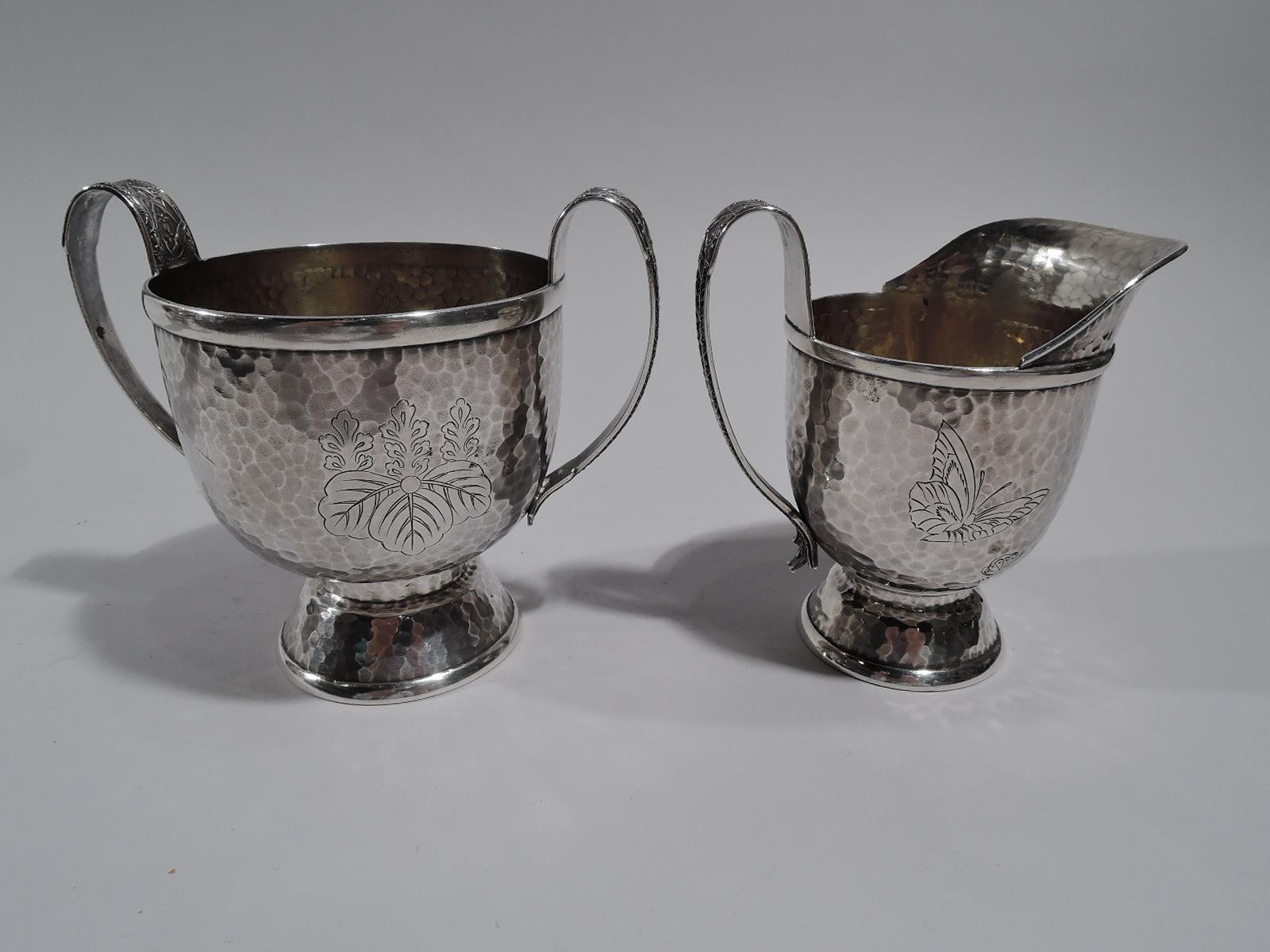 Aesthetic Movement Tiffany Hand Hammered Japonesque Creamer and Sugar in Persian Pattern For Sale