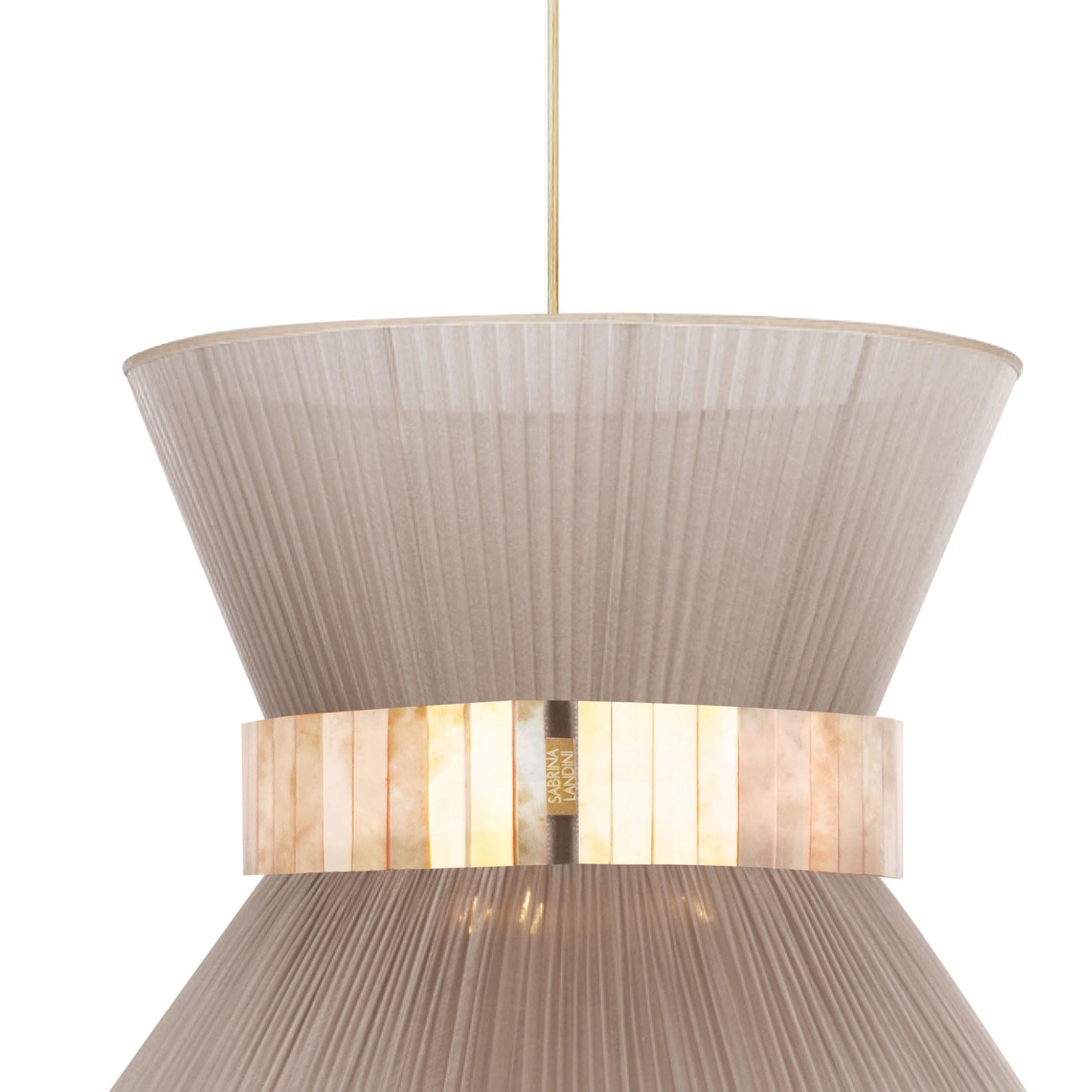Hängeleuchte 40, Champagner, Seide, versilbertes Glas, antik, Messing (Moderne) im Angebot