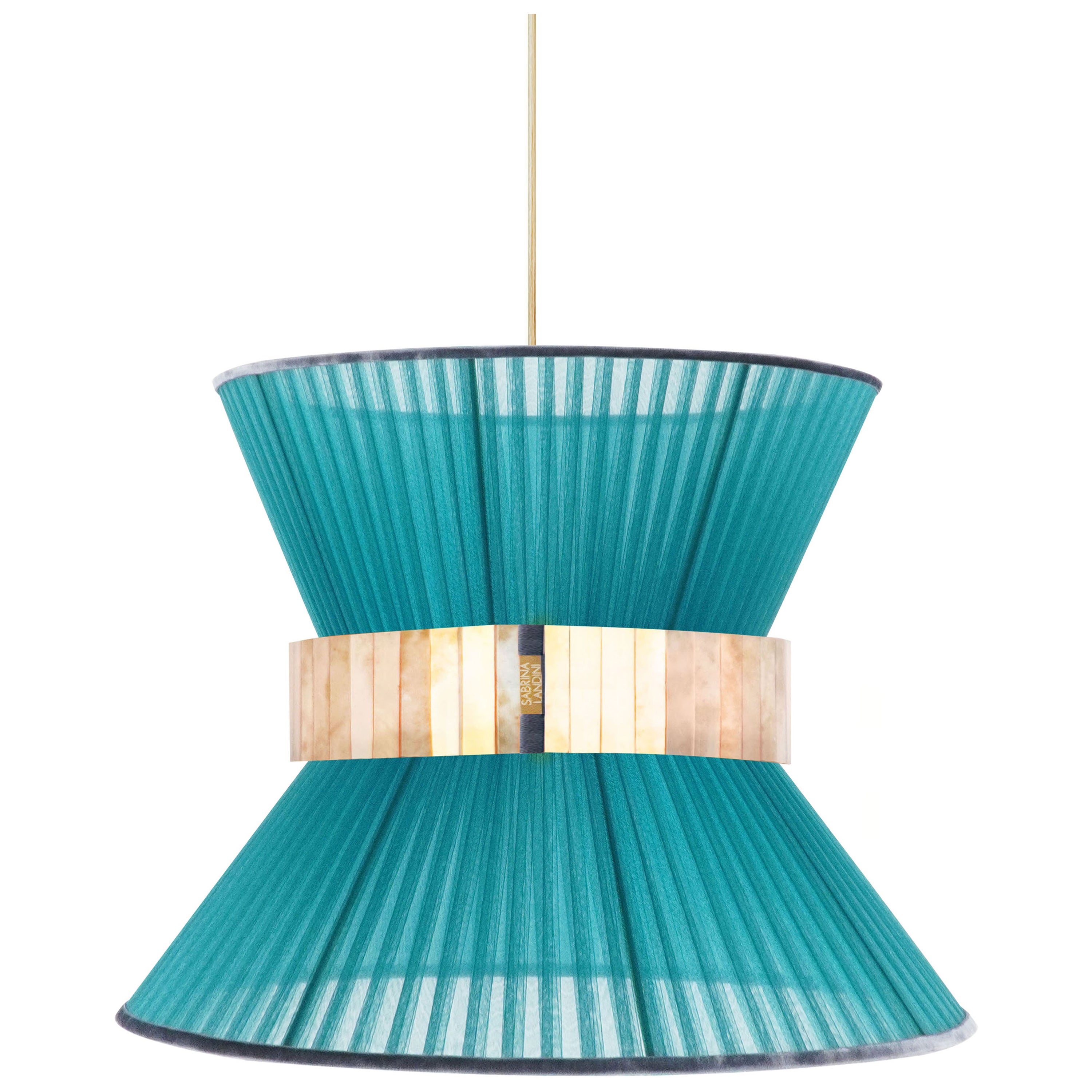 Lampe suspendue Tiffany 40 Cypress Soie Verre Argenté Laiton Ancien
