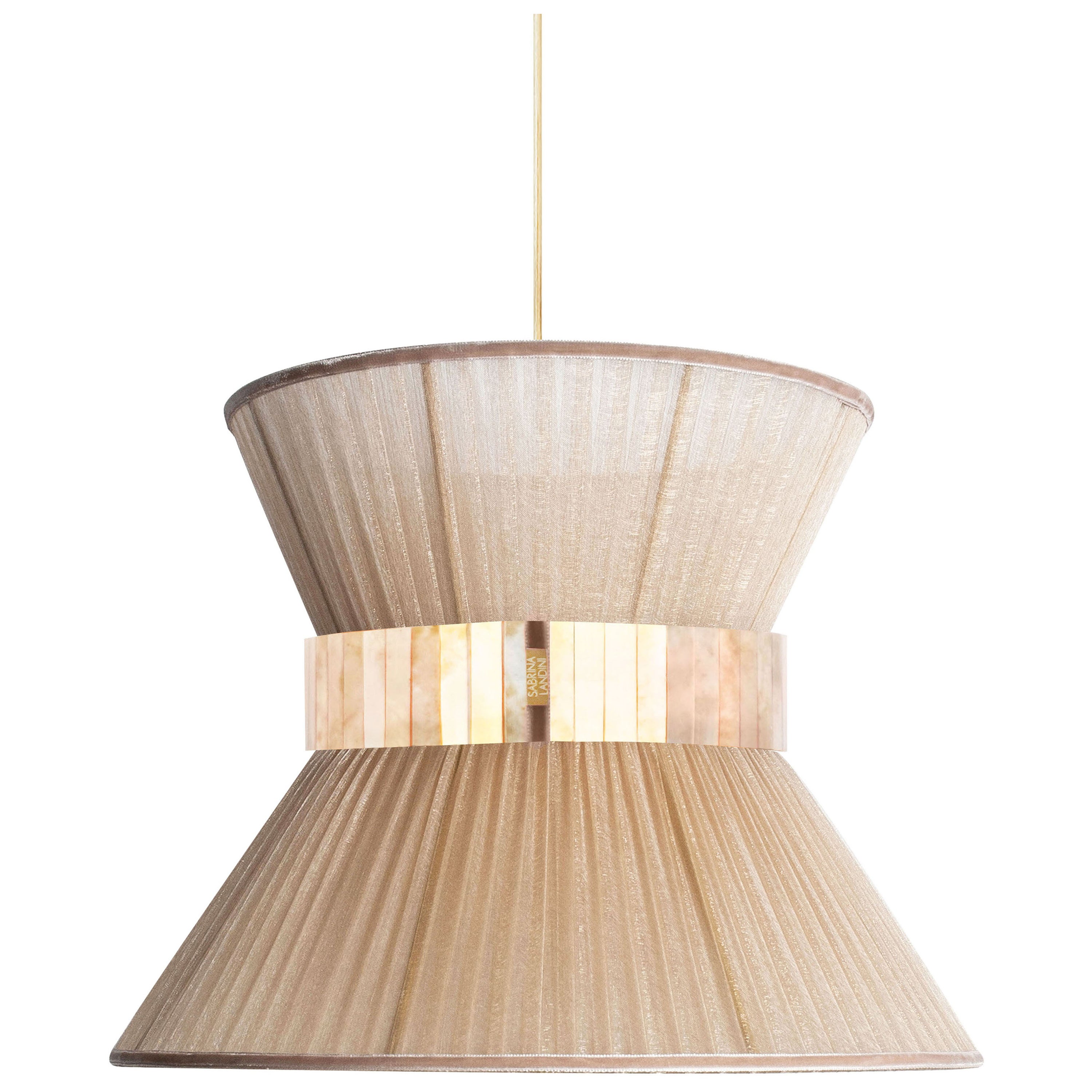 Lampada a sospensione Tiffany 40 Oro Seta Vetro Argentato Ottone Antico