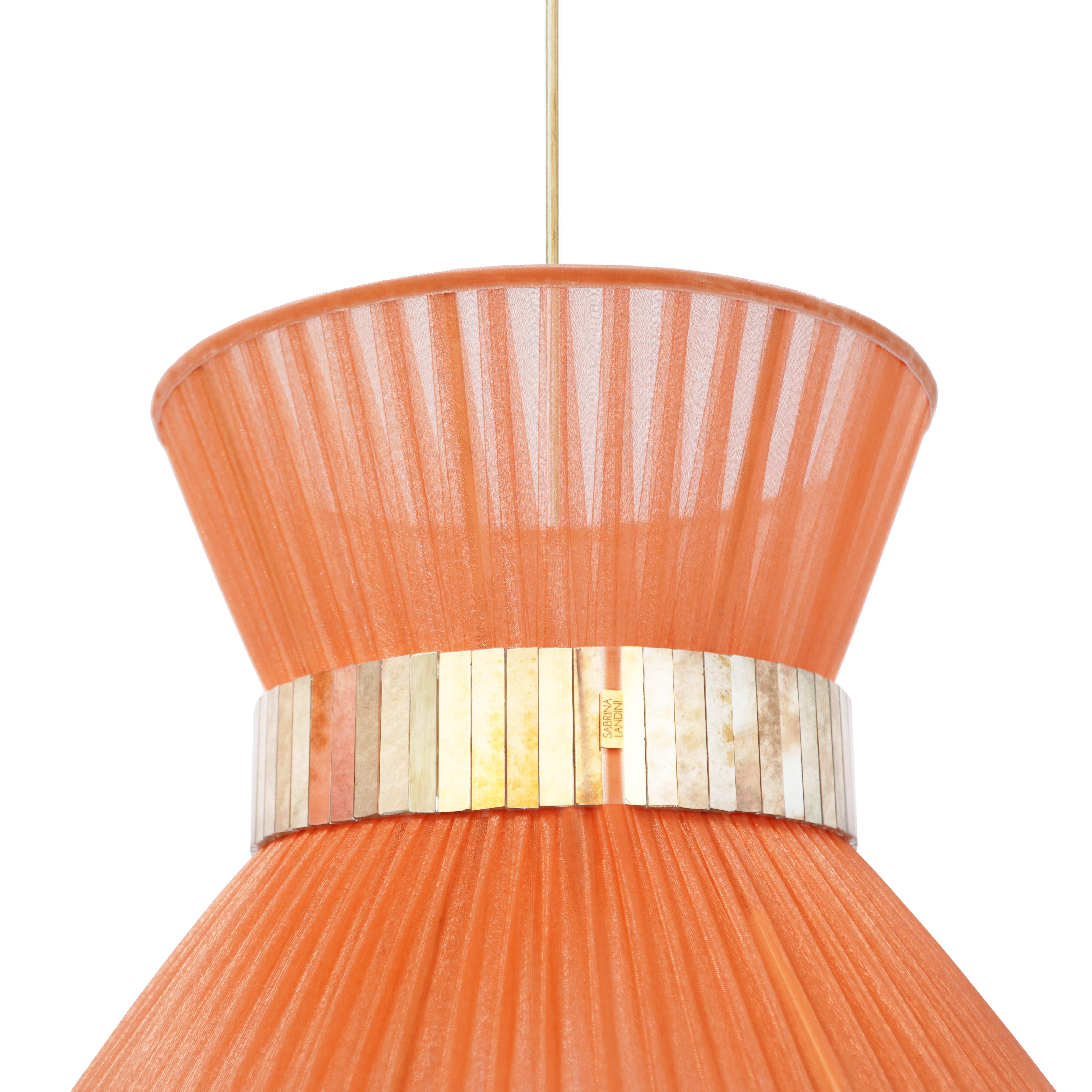 Moderne Lampe suspendue Tiffany 40 Koral en verre de soie argenté et laiton vieilli en vente