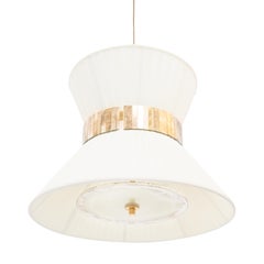 Lampe suspendue Tiffany 30 Mat-Cream en verre de soie argenté et laiton vieilli