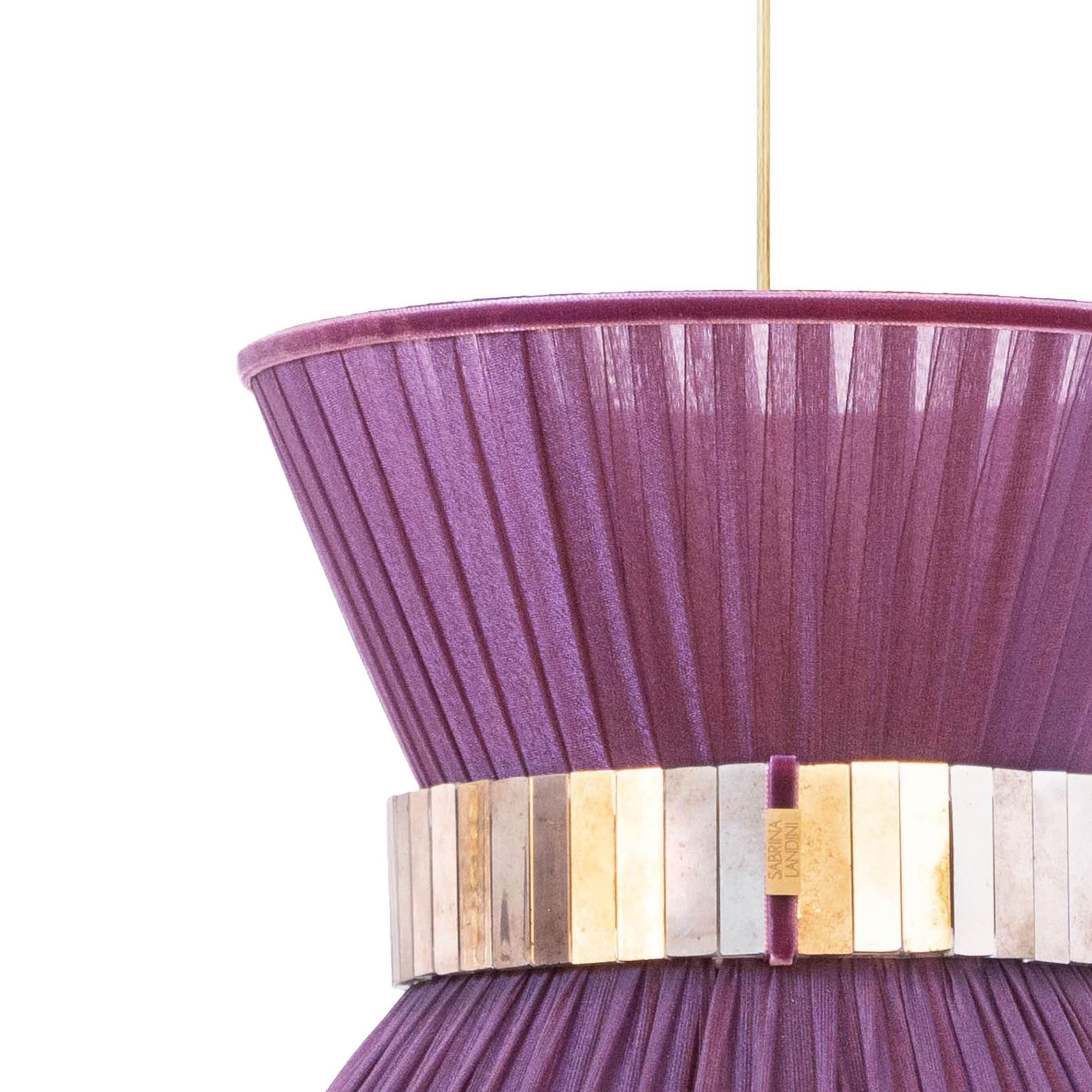 Moderne Lampe suspendue Tiffany 40 Purple Silk Silvered Glass Antiqued Brass (laiton antique) en vente