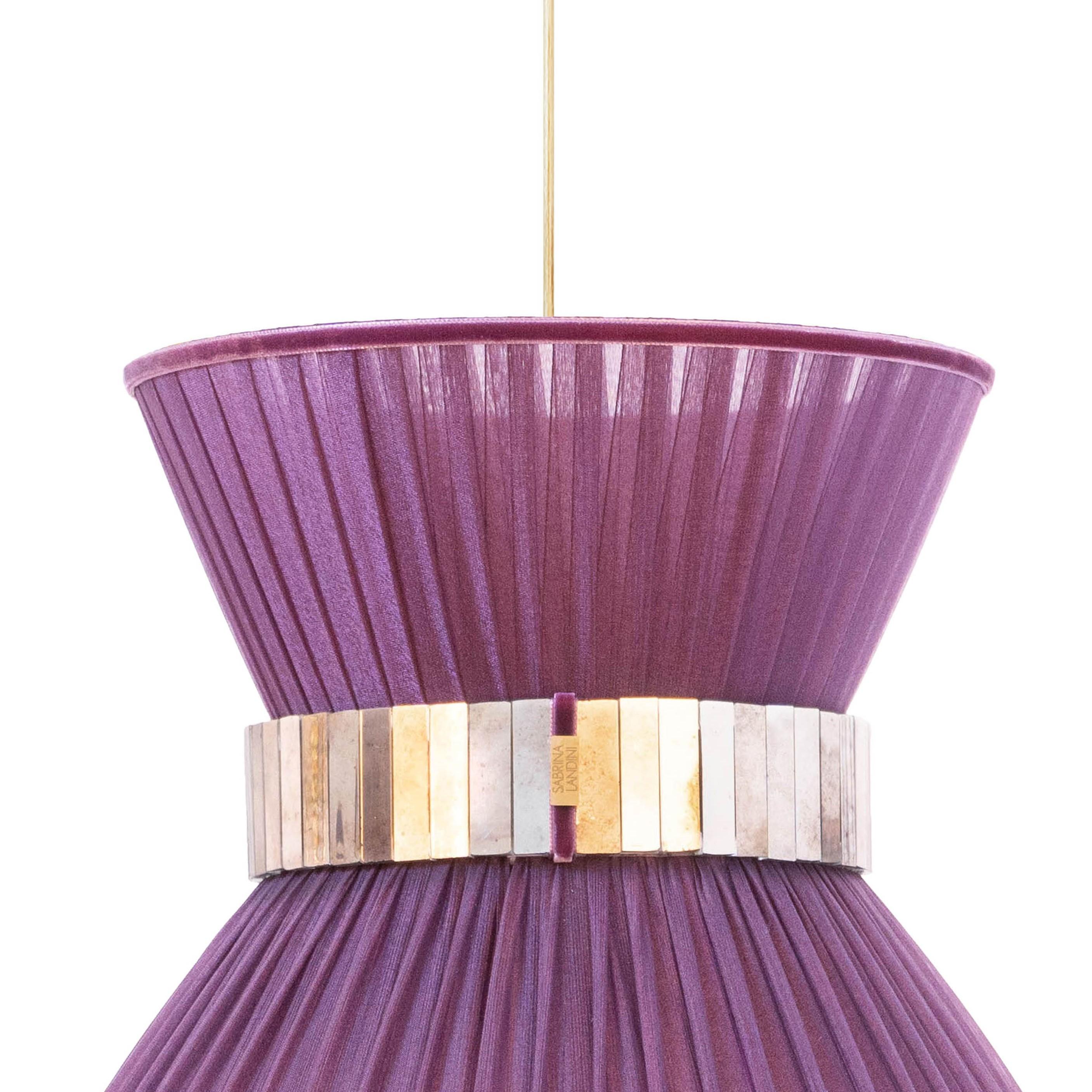 italien Lampe suspendue Tiffany 40 Purple Silk Silvered Glass Antiqued Brass (laiton antique) en vente