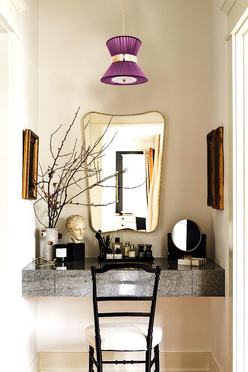 Lampe suspendue Tiffany 40 Purple Silk Silvered Glass Antiqued Brass (laiton antique) Neuf - En vente à Pietrasanta, IT