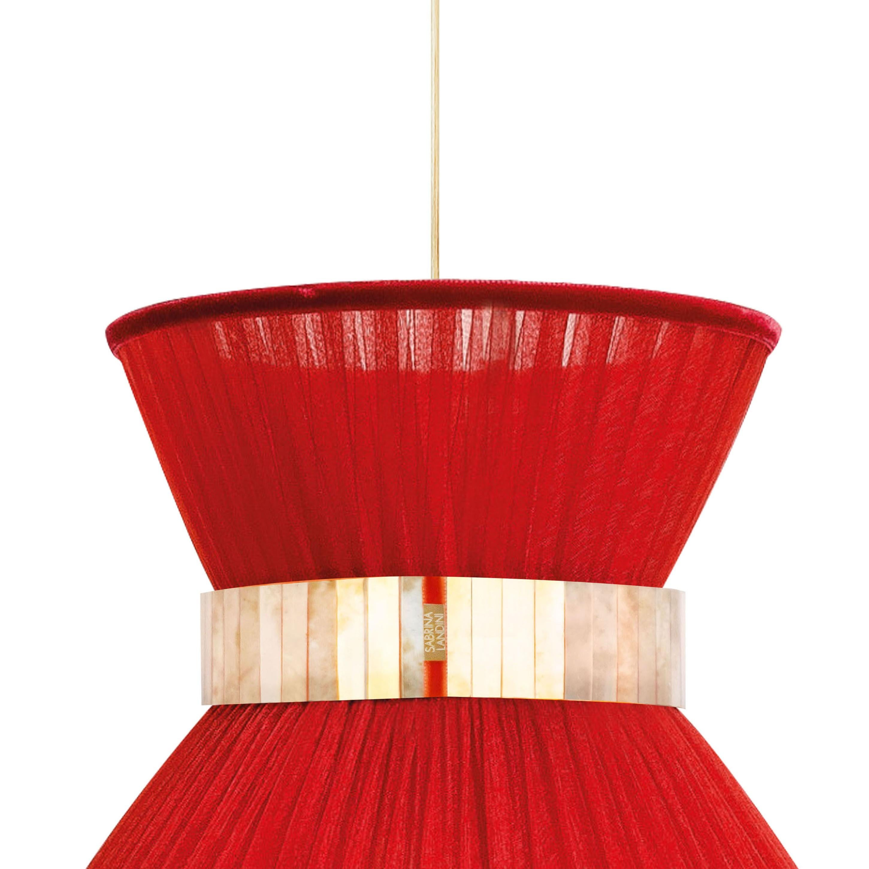 Moderne Lampe à suspension Tiffany 40 rouge rouille en verre de soie argenté et laiton vieilli en vente