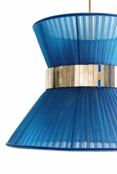 Lampada a sospensione Tiffany 40 Zaffiro Seta Vetro Argentato Ottone Antico