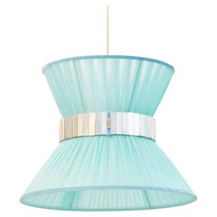 Lampe à suspension Tiffany 40 turqouise soie verre argenté laiton vieilli