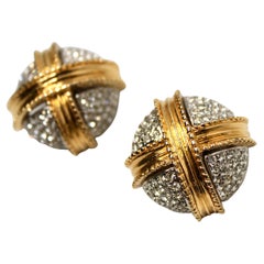 Tiffany Inspired 18k Gold Plated Crystal Cross Clip-On Earrings circa 1970s