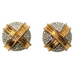 Tiffany Inspired 18k Gold Plated Crystal Cross Clip-On Earrings circa 1970s