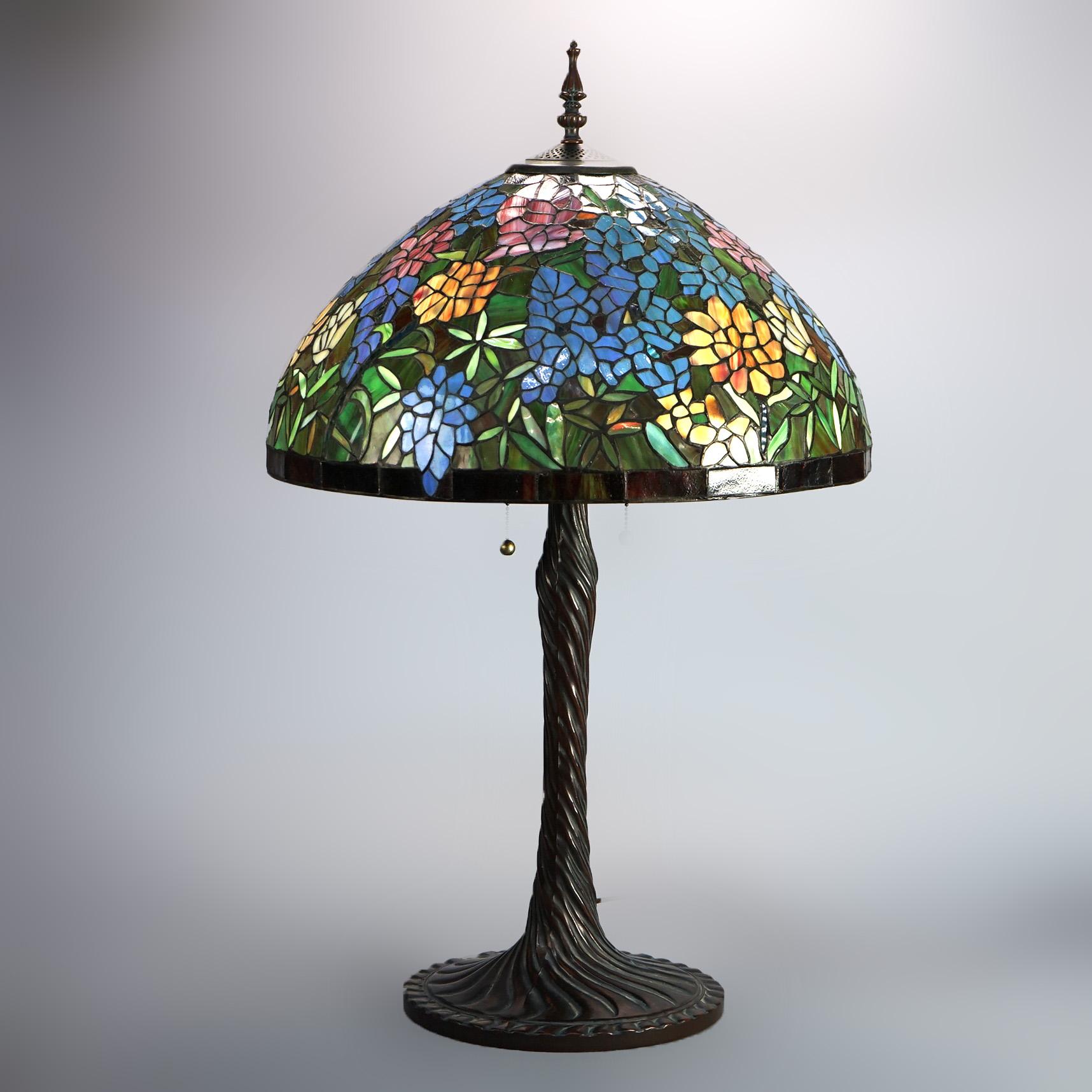 Arts and Crafts Tiffany Inspired Leaded Stained Glass Lamp with Garden Flower Pattern 20thC