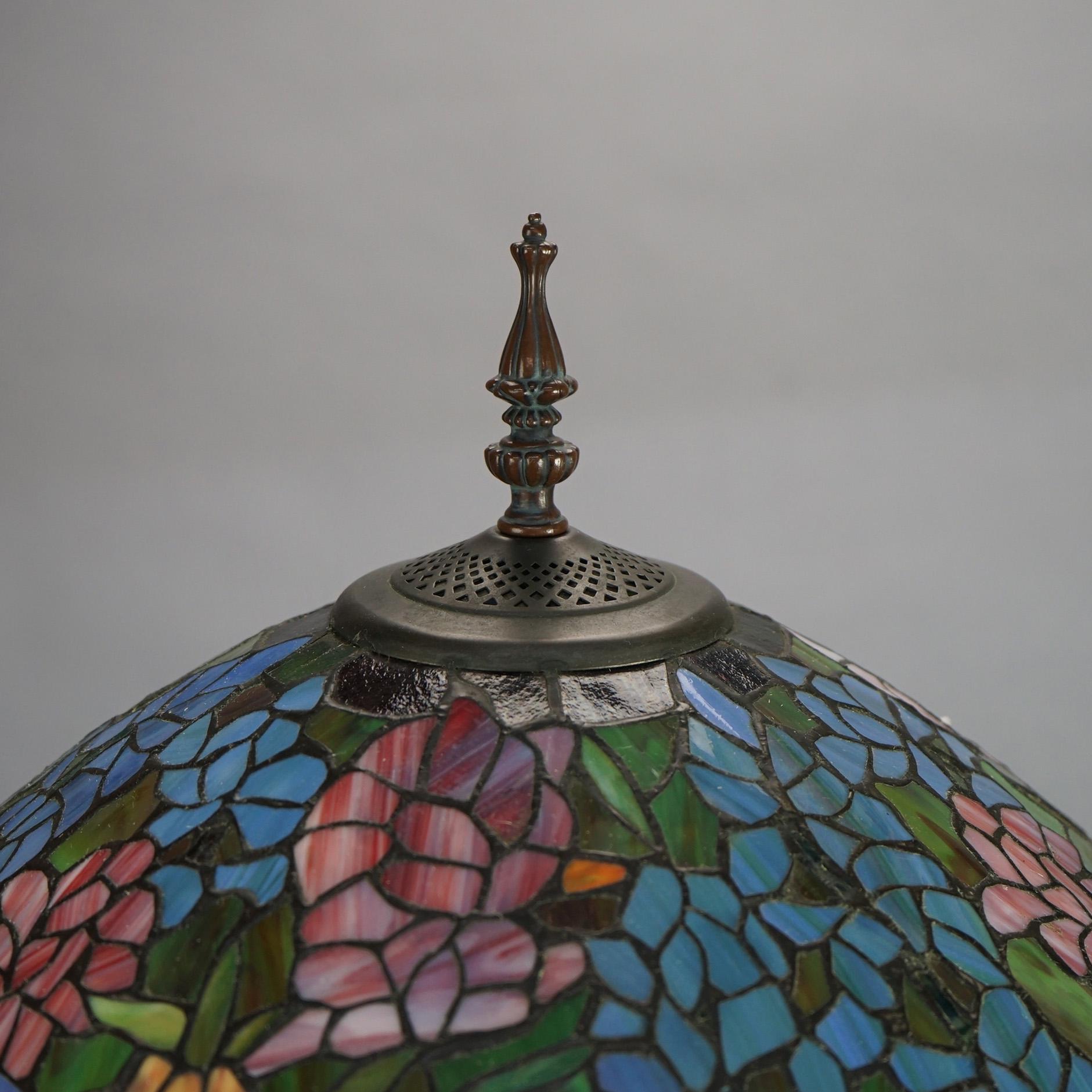 American Tiffany Inspired Leaded Stained Glass Lamp with Garden Flower Pattern 20thC