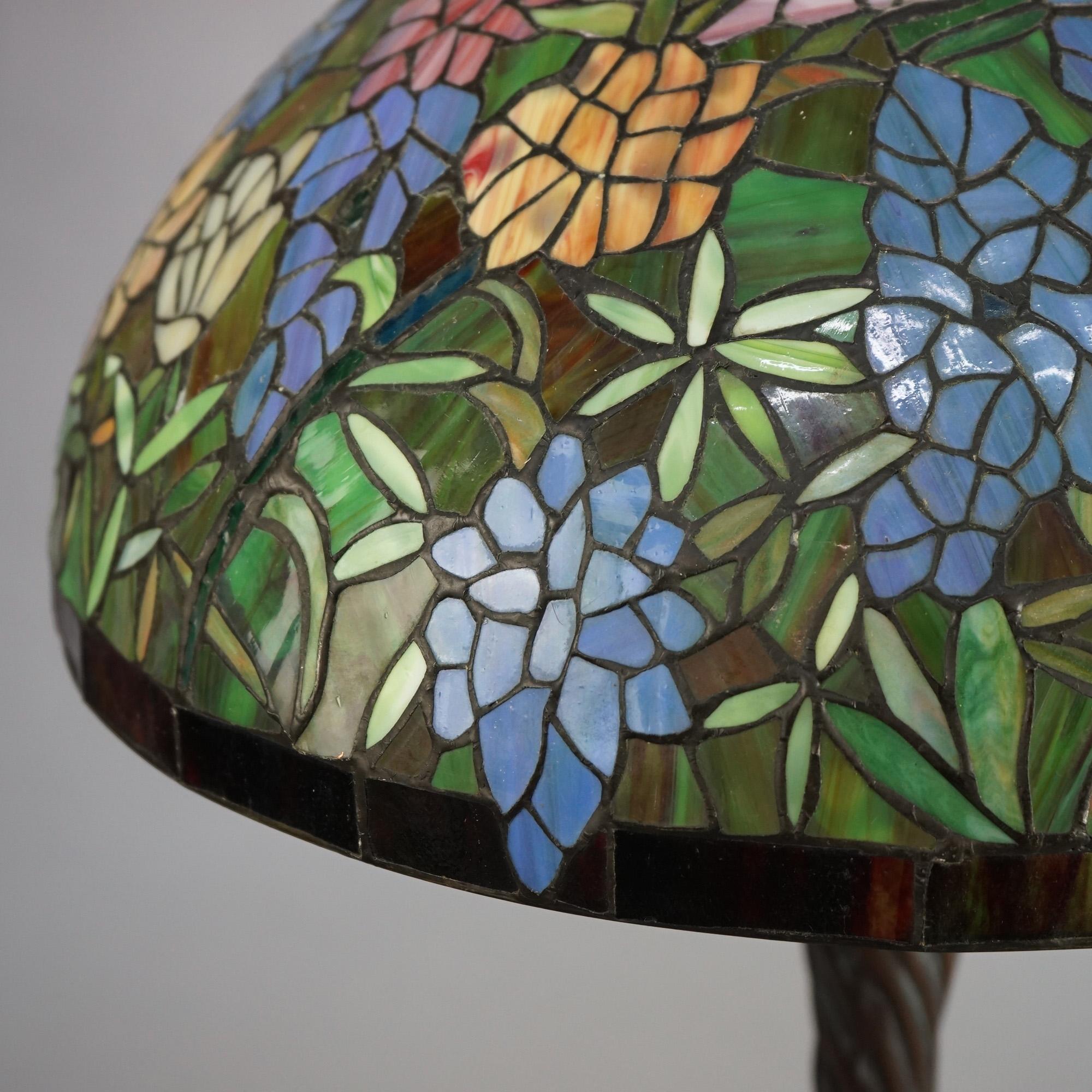 Tiffany Inspired Leaded Stained Glass Lamp with Garden Flower Pattern 20thC In Good Condition In Big Flats, NY