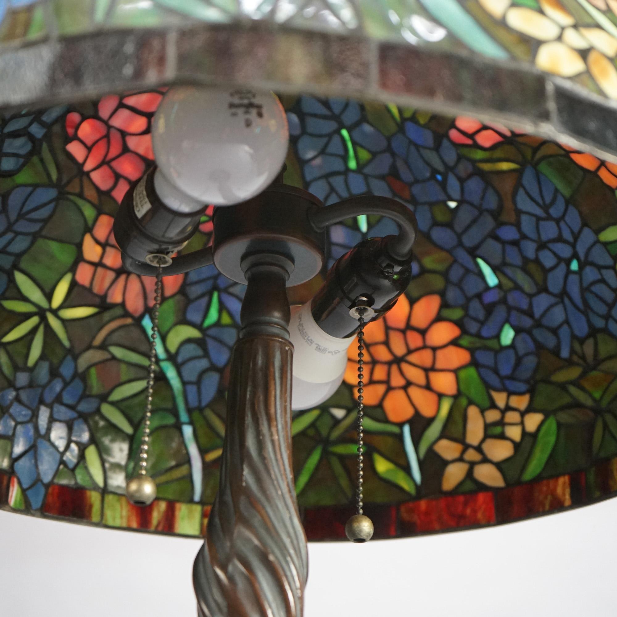 20th Century Tiffany Inspired Leaded Stained Glass Lamp with Garden Flower Pattern 20thC