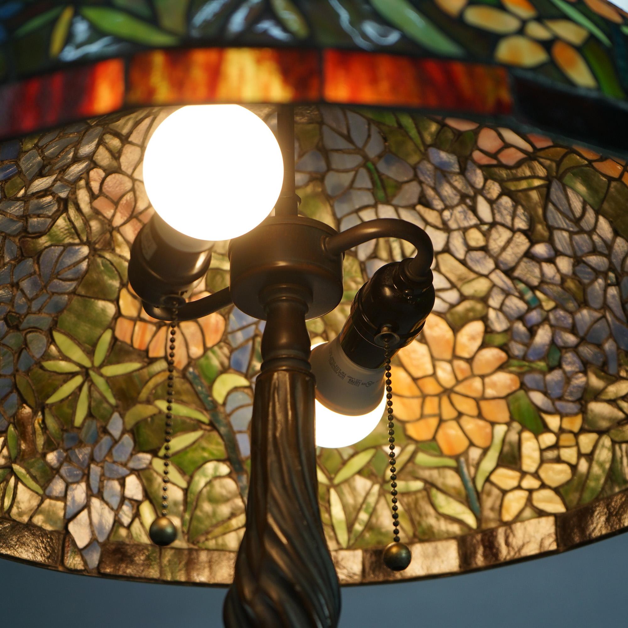 Tiffany Inspired Leaded Stained Glass Lamp with Garden Flower Pattern 20thC 1
