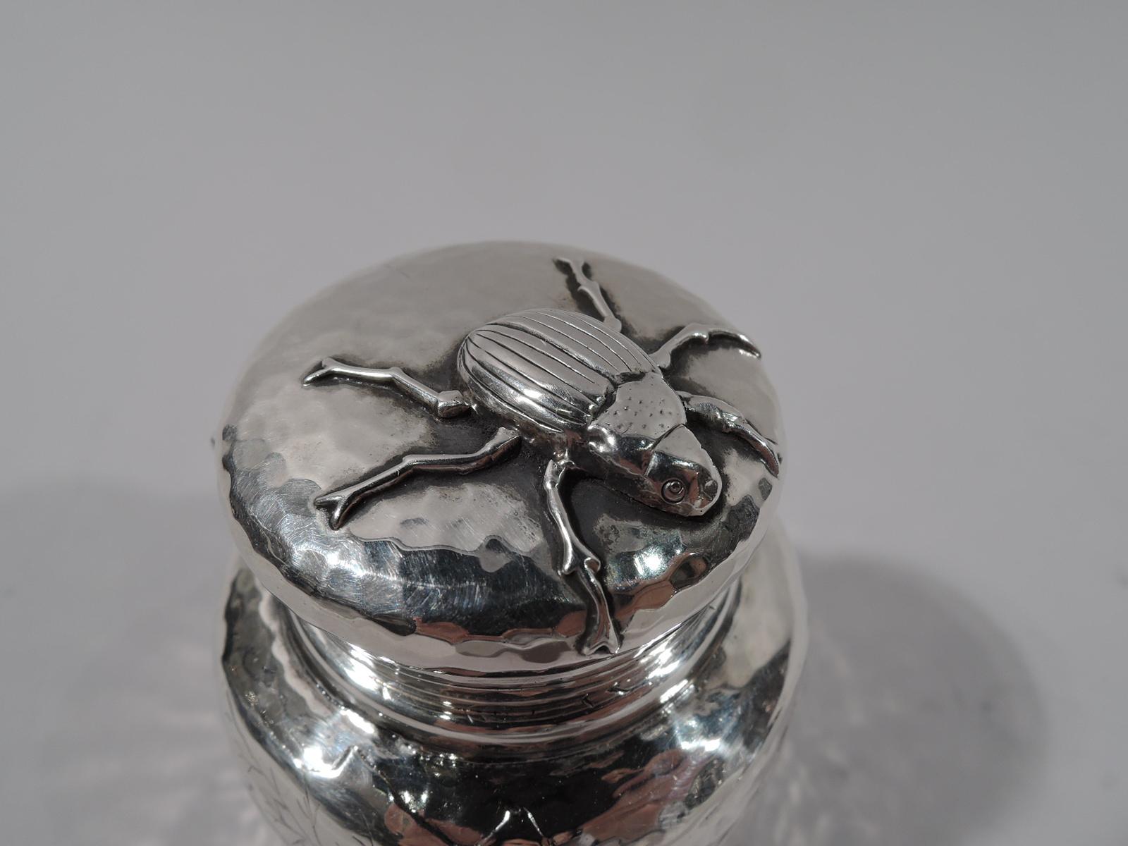 American Tiffany Japonesque Leaf and Bug Applied Sterling Silver Inkwell