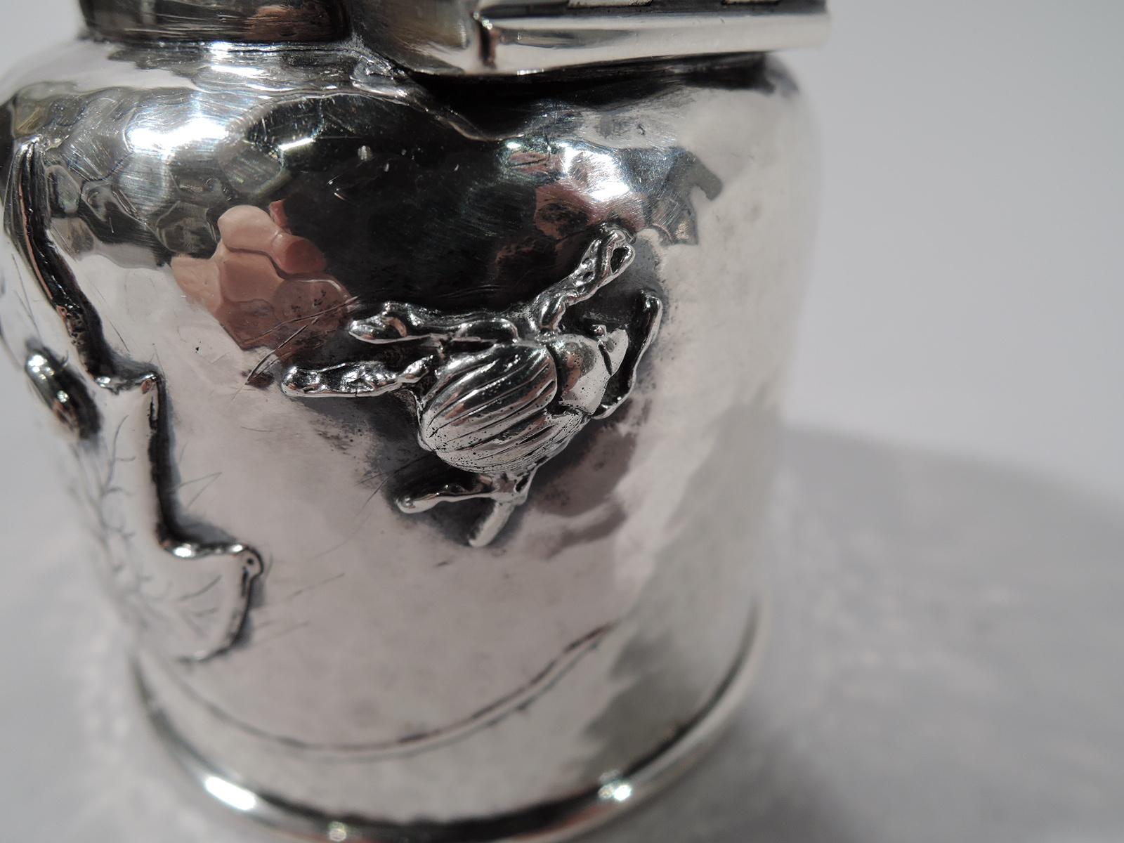 19th Century Tiffany Japonesque Leaf and Bug Applied Sterling Silver Inkwell