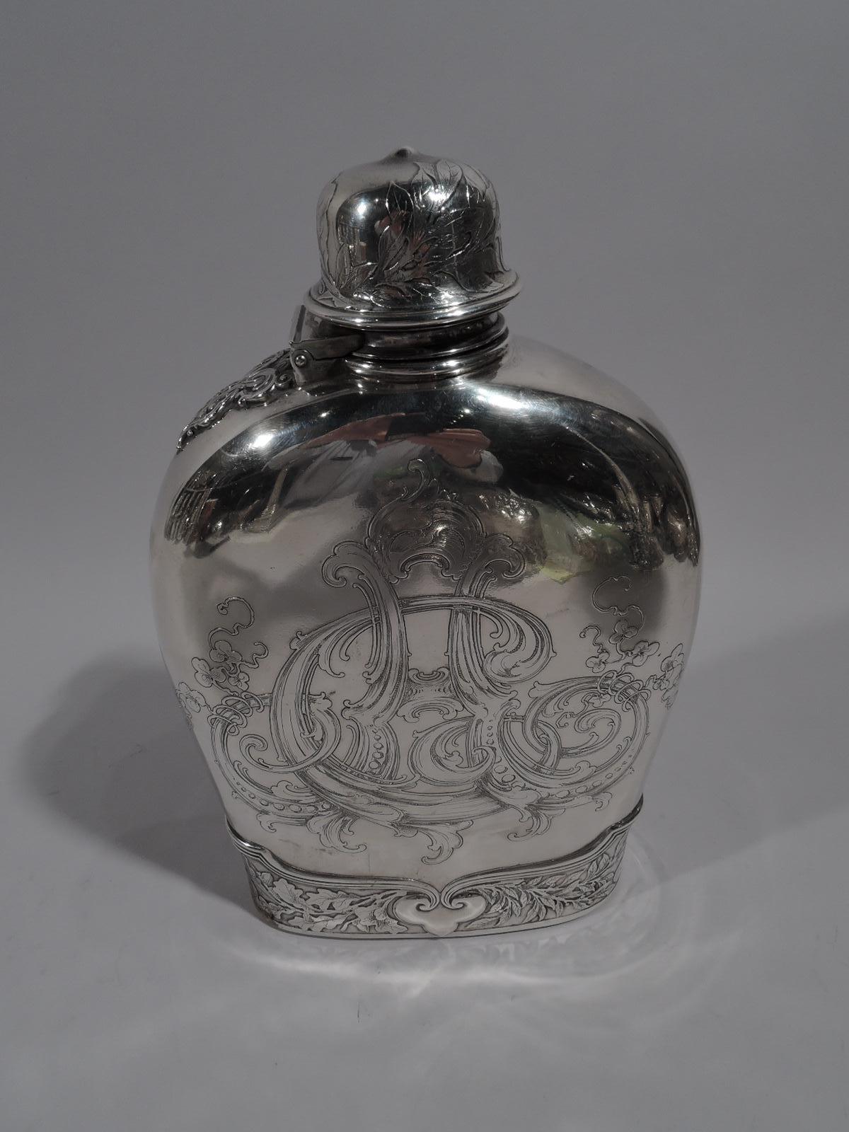 Victorian Tiffany Large Antique Sterling Silver Flask with Classical Wrestlers