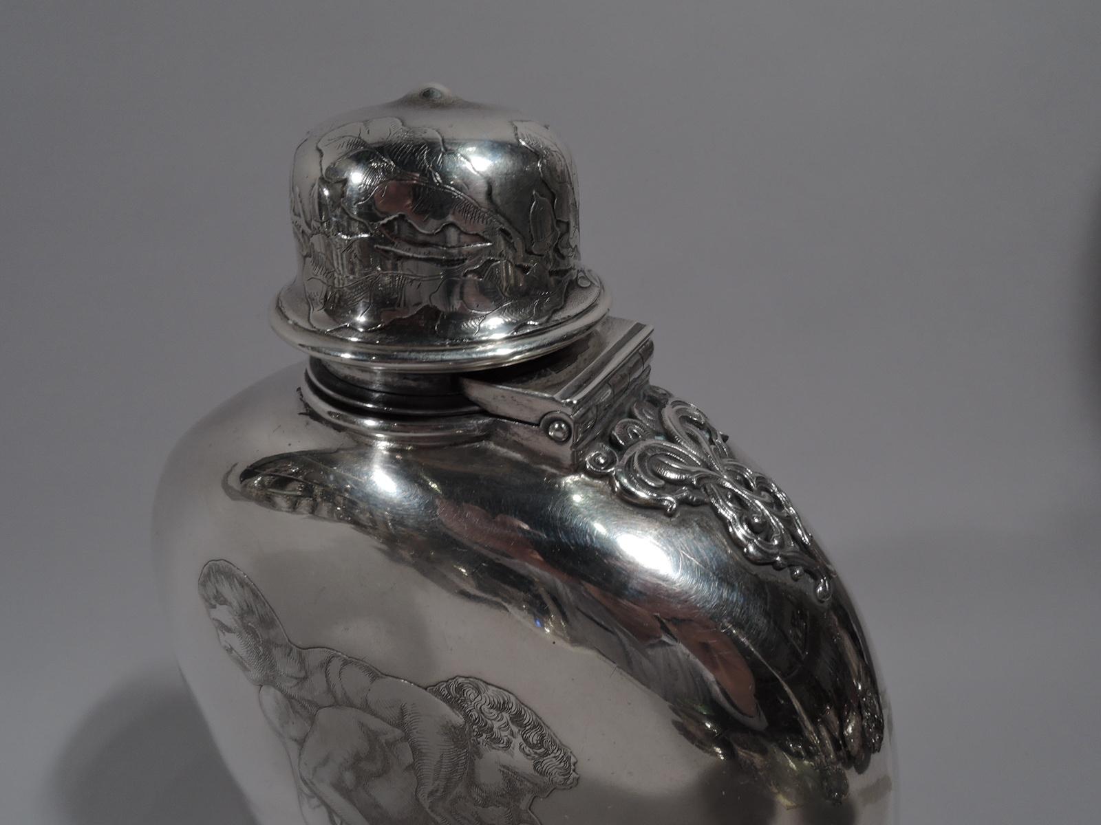 North American Tiffany Large Antique Sterling Silver Flask with Classical Wrestlers