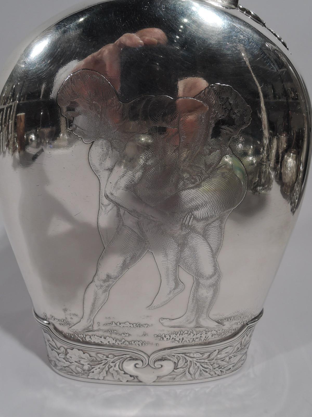 Tiffany Large Antique Sterling Silver Flask with Classical Wrestlers 1