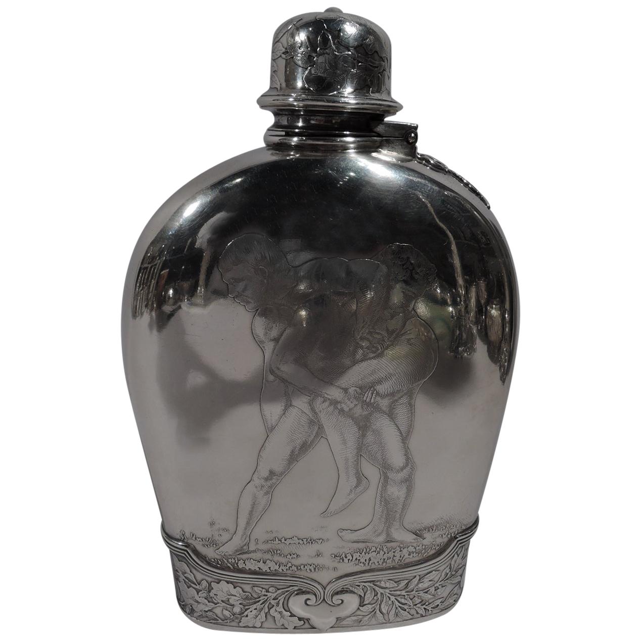 Tiffany Large Antique Sterling Silver Flask with Classical Wrestlers