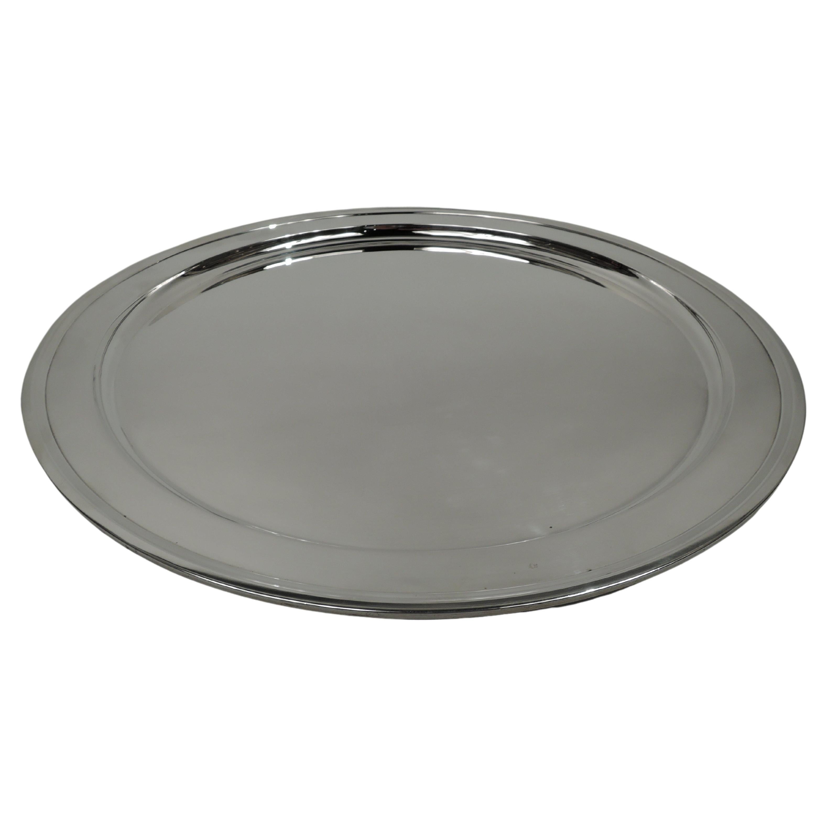 Grand plateau de service rond en argent sterling moderne et de 15 pouces Tiffany