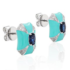 ''Tiffany like Blue'' Enamel Vivid Blue Sapphire Stud Designer Earring 18K
