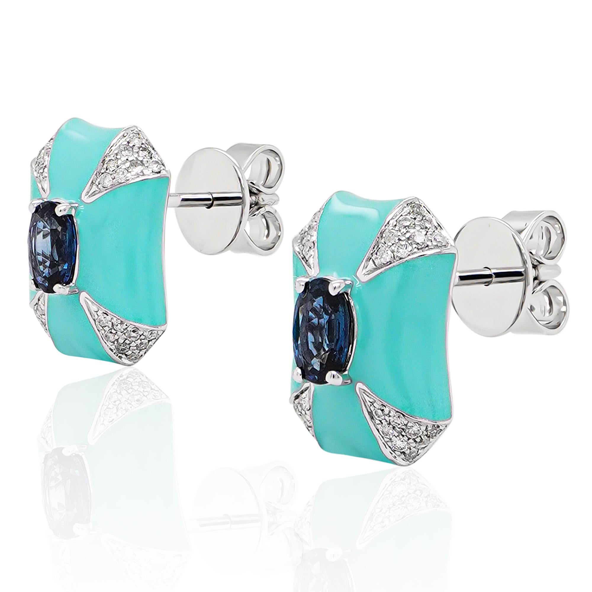 Oval Cut ''Tiffany like Blue'' Enamel Vivid Blue Sapphire Stud Designer Earring 18K For Sale
