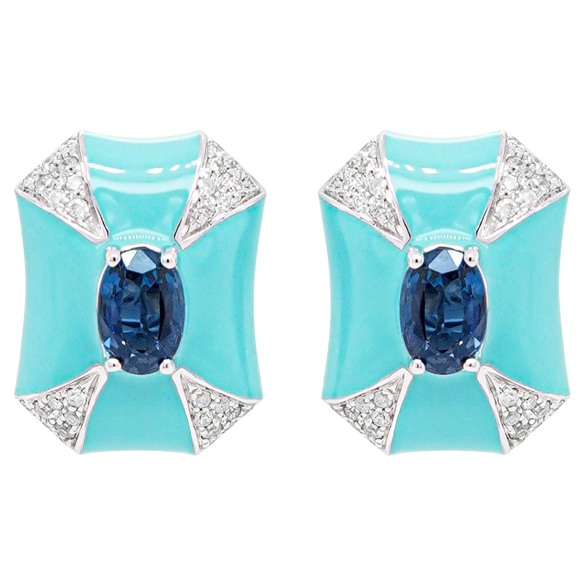 ''Tiffany like Blue'' Enamel Vivid Blue Sapphire Stud Designer Earring 18K For Sale