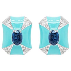 Used ''Tiffany like Blue'' Enamel Vivid Blue Sapphire Stud Designer Earring 18K