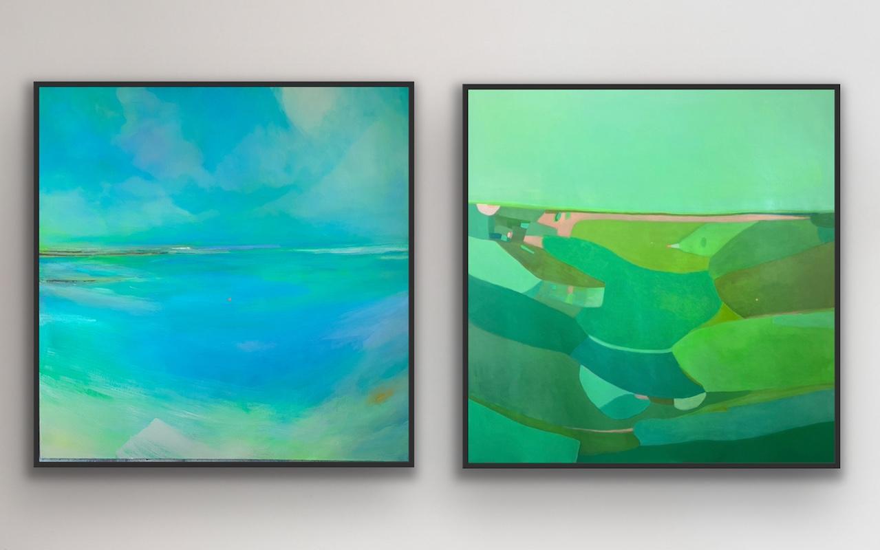 Emerald Field Blossom Walk & Dancing Ether, diptych, original painting, abstract - Painting by Tiffani Lynch
