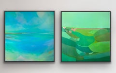 Paseo en Flor por el Campo Esmeralda y Éter Danzante, díptico, pintura original, abstracto