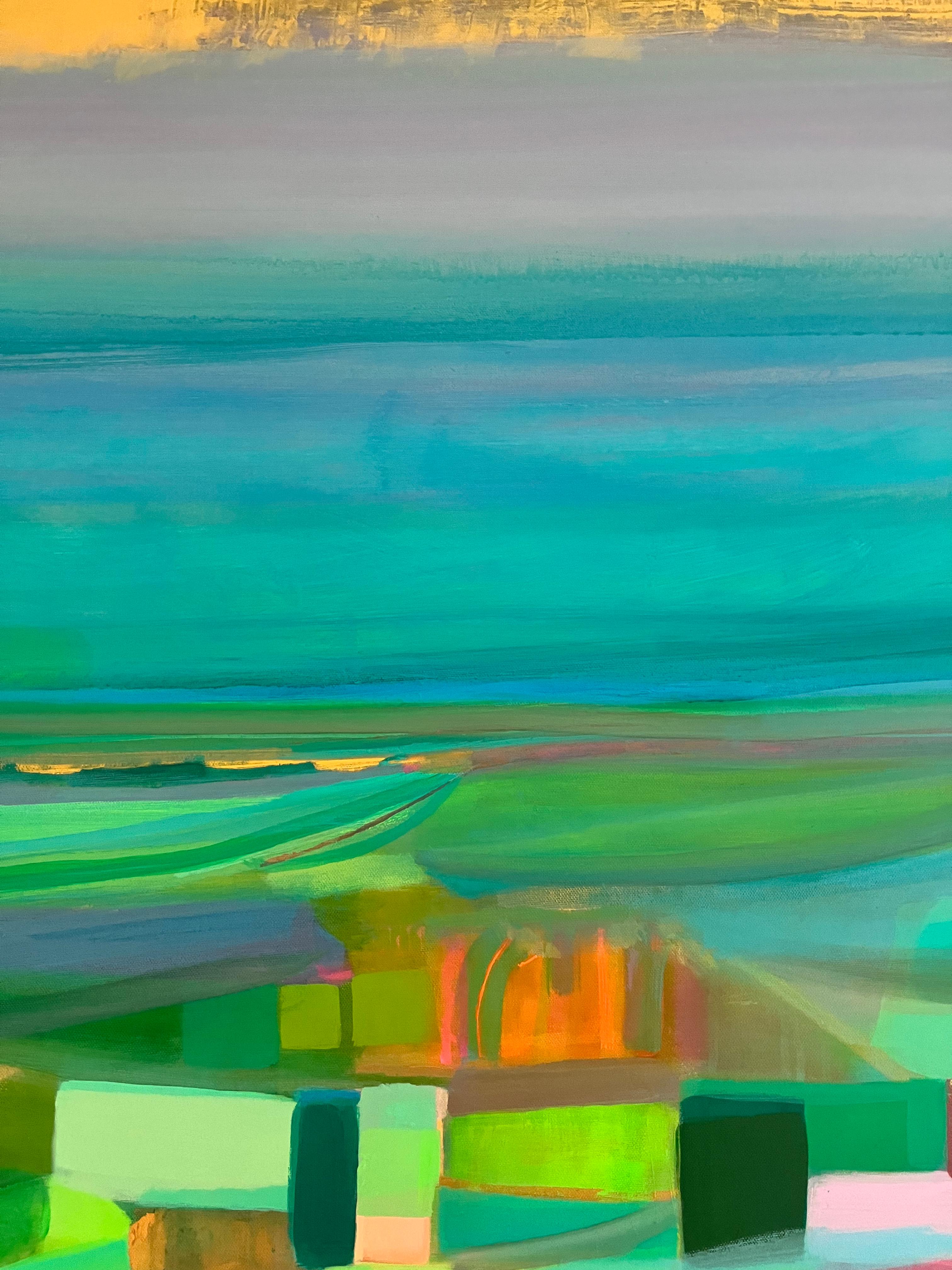 This painting was inspired by the joyful light at sunset across the the South Downs, the glimmer of gold light glimmering of the white chalk paths and curves of landscape glowing in the molton light of the last of summer long balmy day and catching