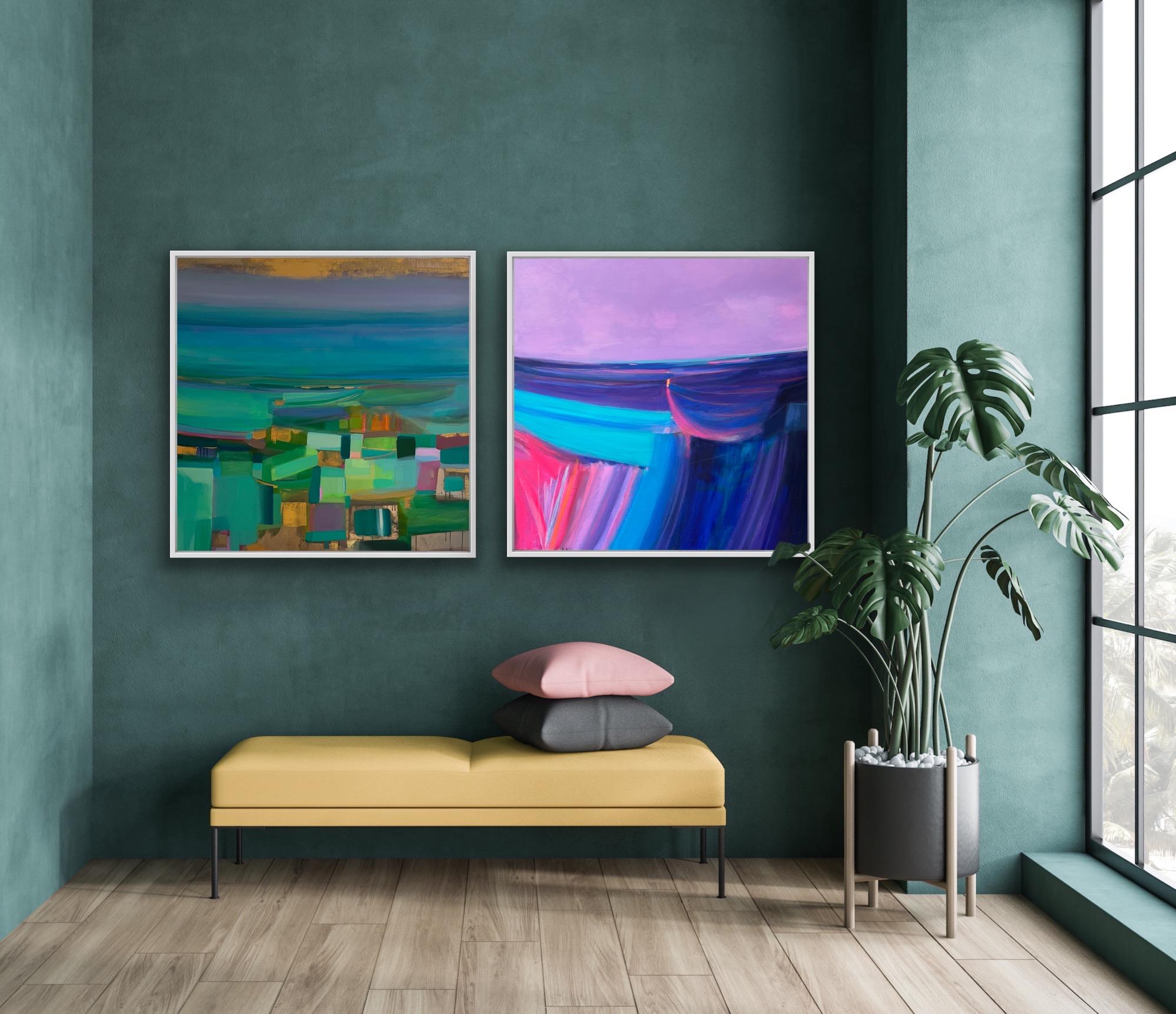 Golden Paths lead to the Sea and New Horizons diptych, Abstract, Bright colour For Sale 13