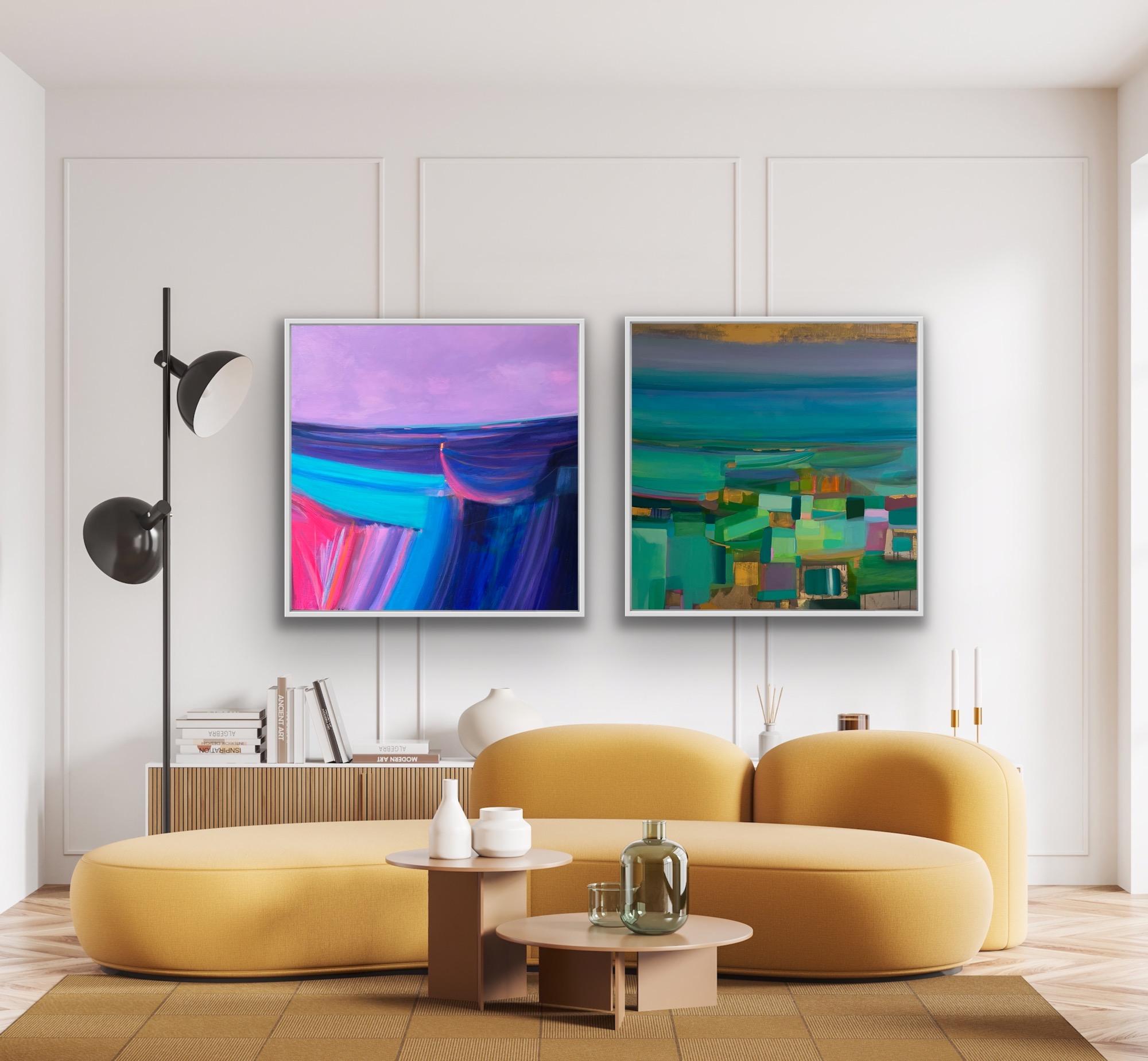 Golden Paths lead to the Sea and New Horizons diptych, Abstract, Bright colour - Painting by Tiffani Lynch