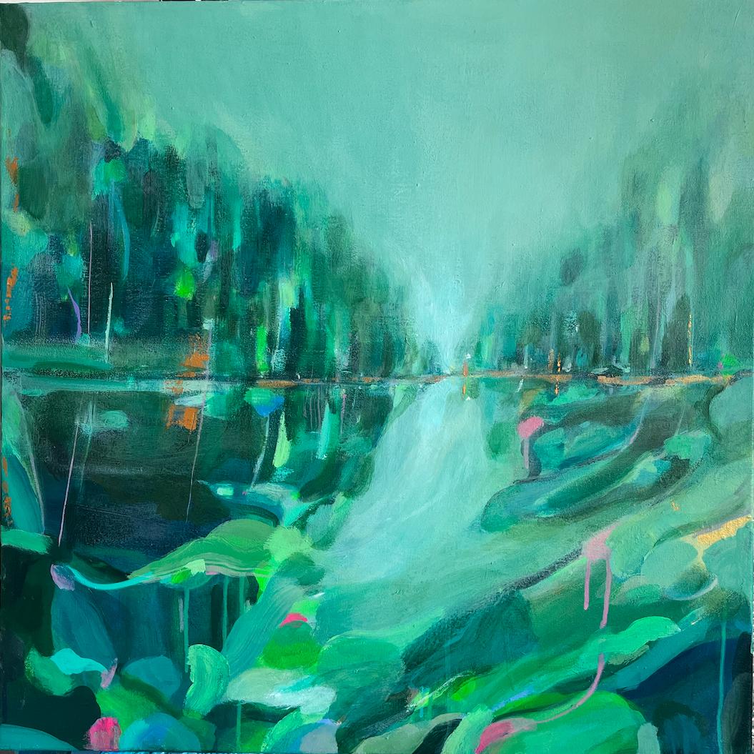 River Bather, original painting, contemporary, landscape painting - Blue Landscape Painting by Tiffani Lynch