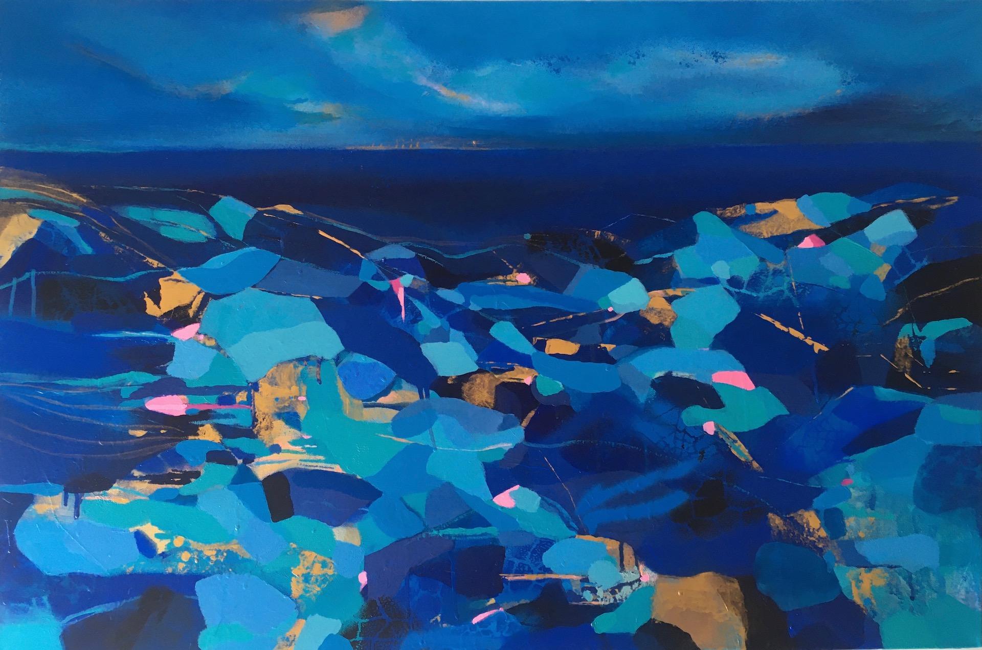 Abstract Painting Tiffani Lynch - Tiffany Lynch, Allure of Sky and Sea, peinture abstraite originale et brillante, Art bleu