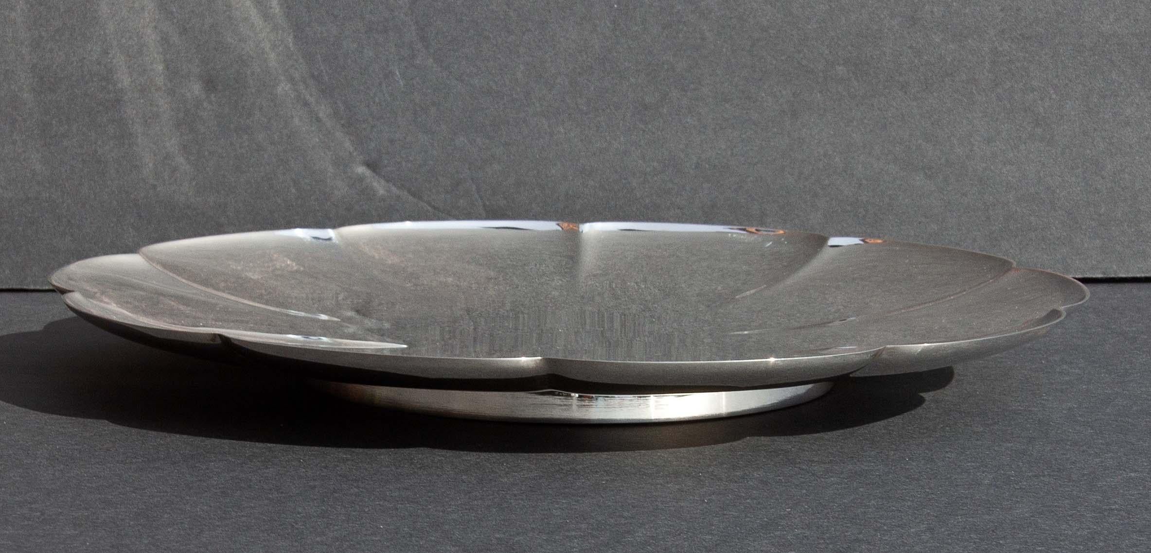 Mid-Century Modern sterling silver scalloped serving tray. Made by Tiffany & Co. in New York.
 