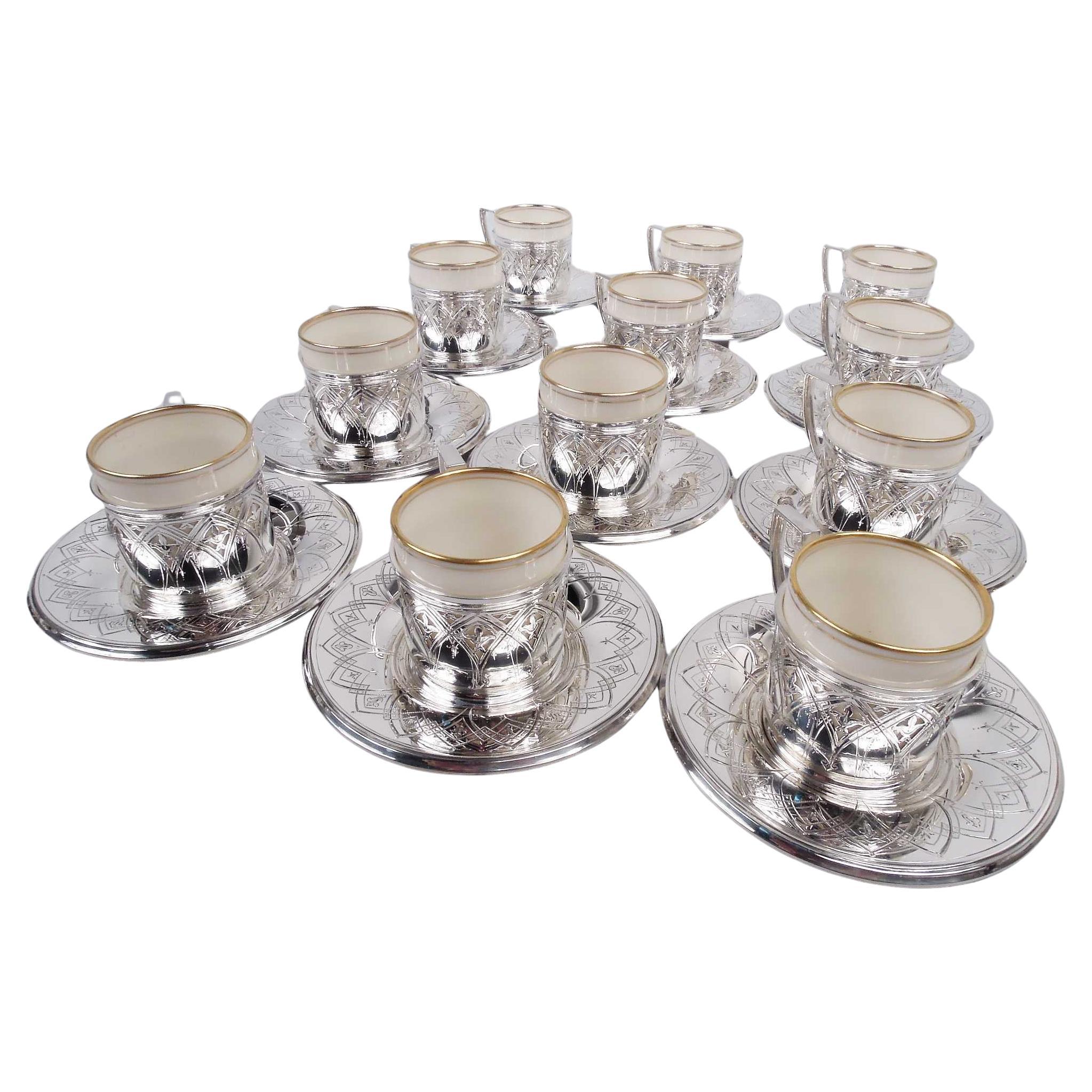 Tiffany Modern Gothic Demitasse Holders & Saucers with Lenox Liners For Sale