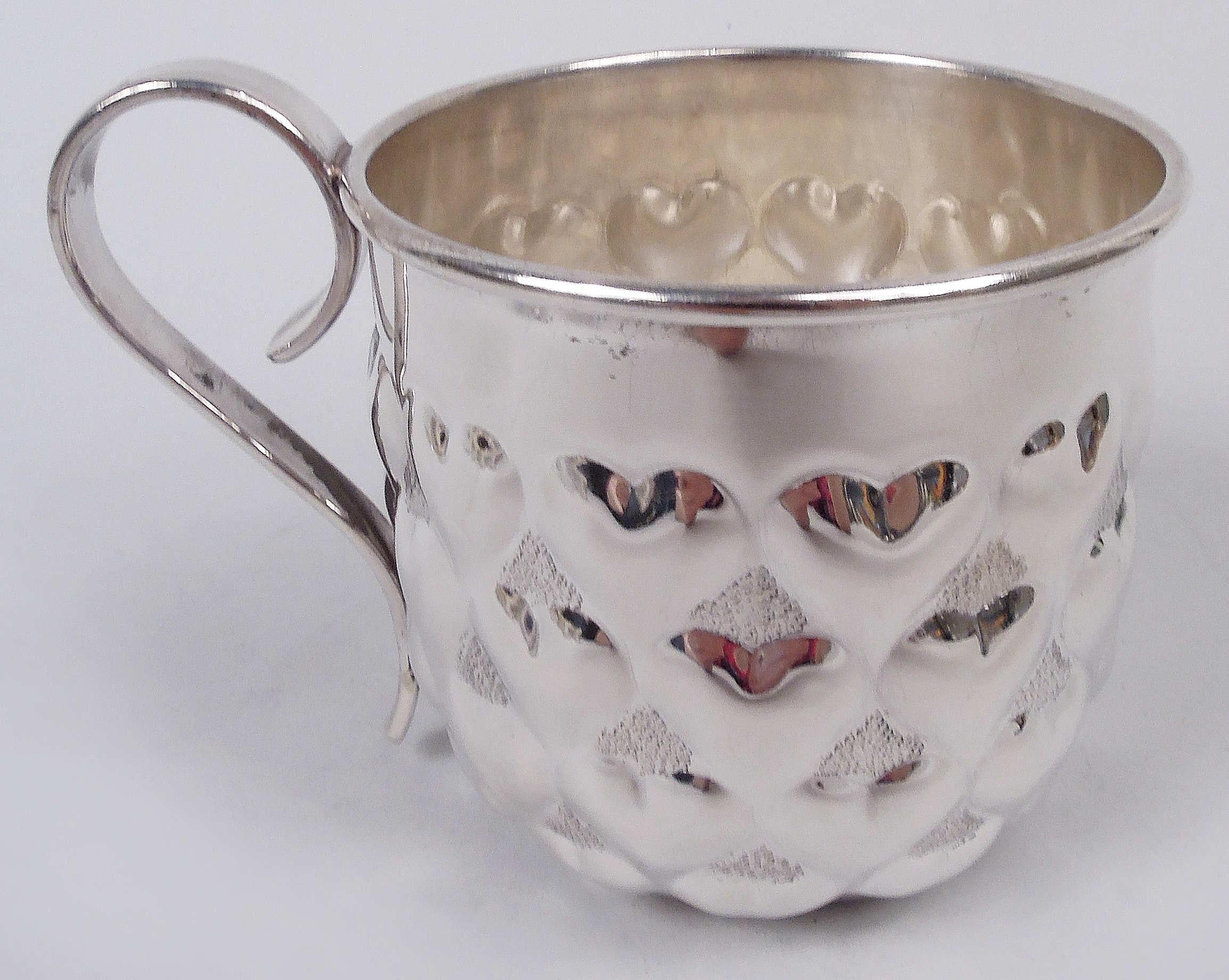 Italian Tiffany Modern Sterling Silver Baby Cup with Lovey-Dovey Hearts For Sale