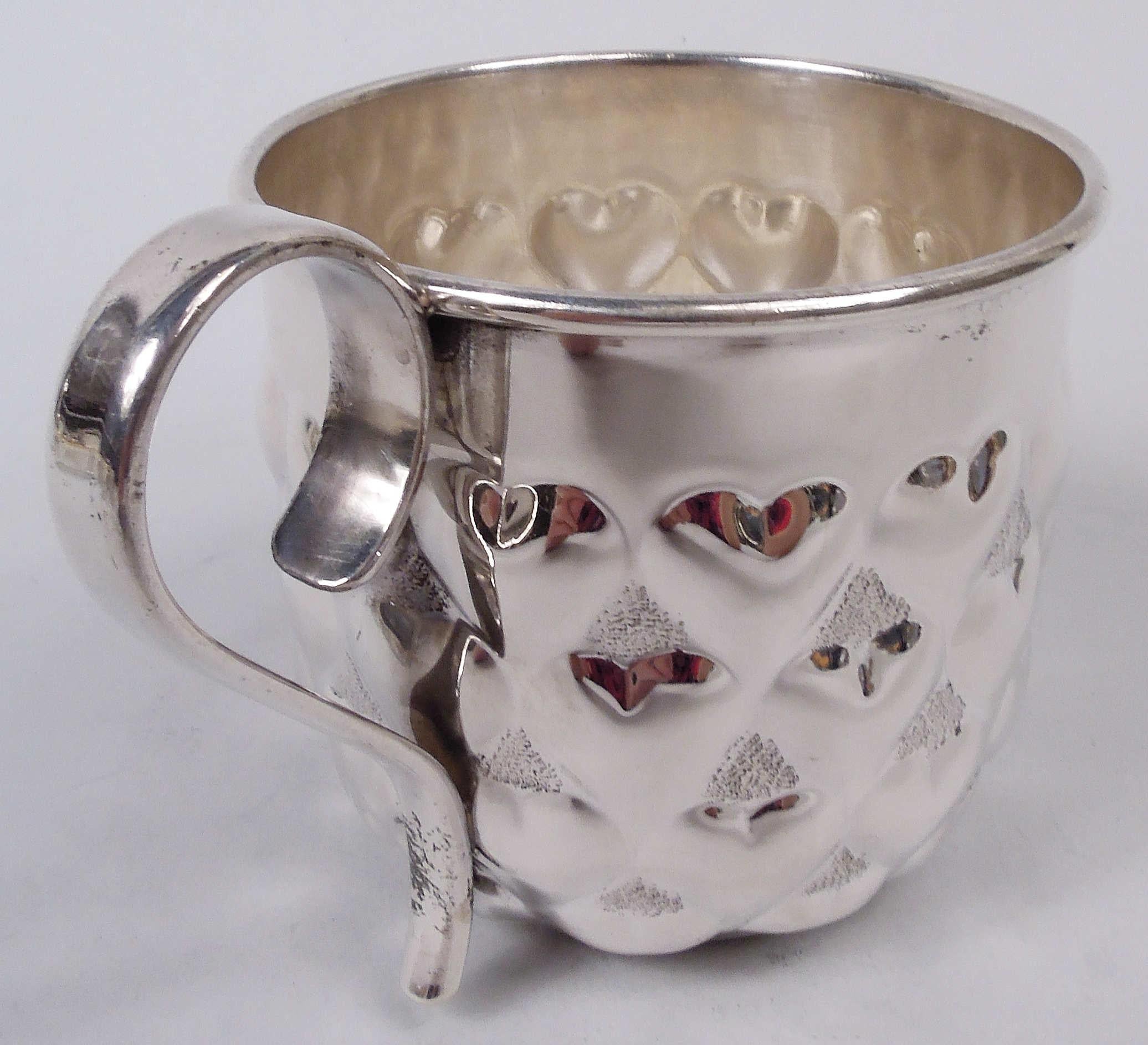 Embossed Tiffany Modern Sterling Silver Baby Cup with Lovey-Dovey Hearts For Sale