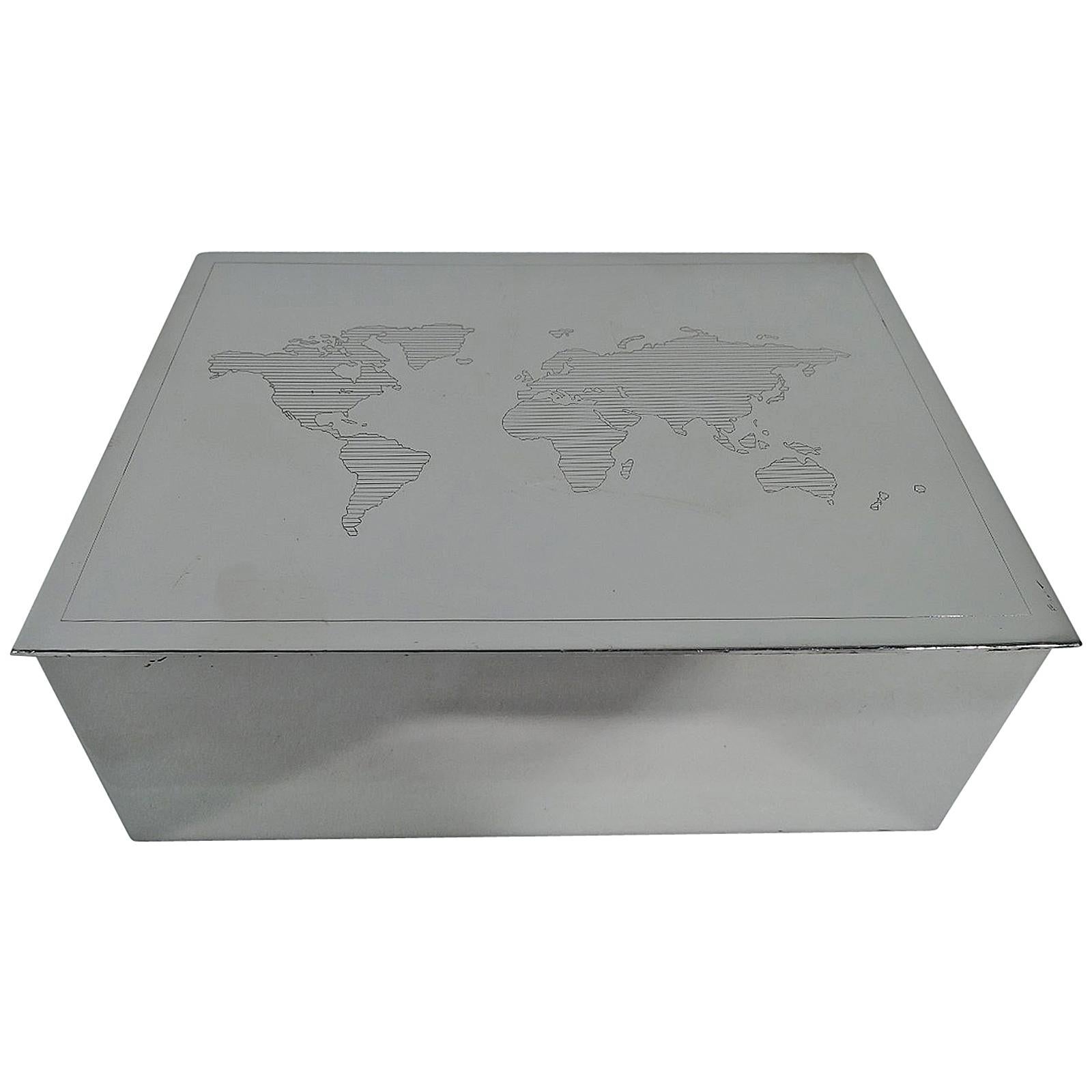 Tiffany Modern Sterling Silver Box with Map of World