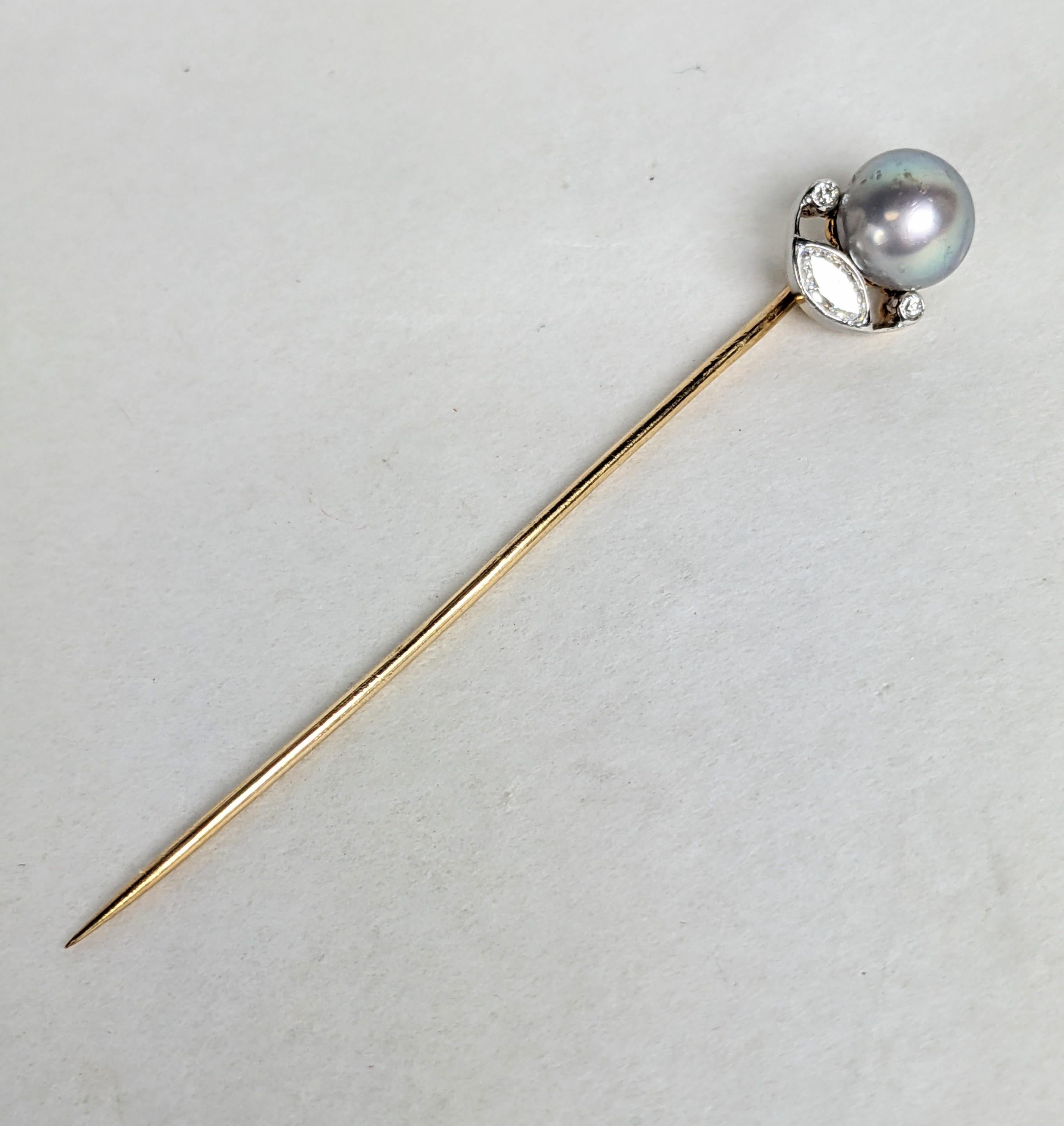 Edwardian Tiffany Natural Pearl and Marquise Diamond Stick Pin For Sale